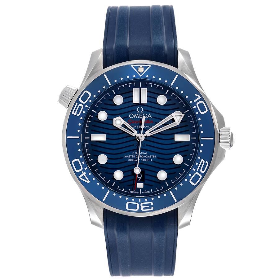 Omega Seamaster Diver 300M Co-Axial Mens Watch 210.32.42.20.03.001 Box Card. Automatic self-winding chronometer, Co-Axial Escapement movement with rhodium-plated finish. Stainless steel case 42.0 mm in diameter. Omega logo on the crown. Blue ceramic