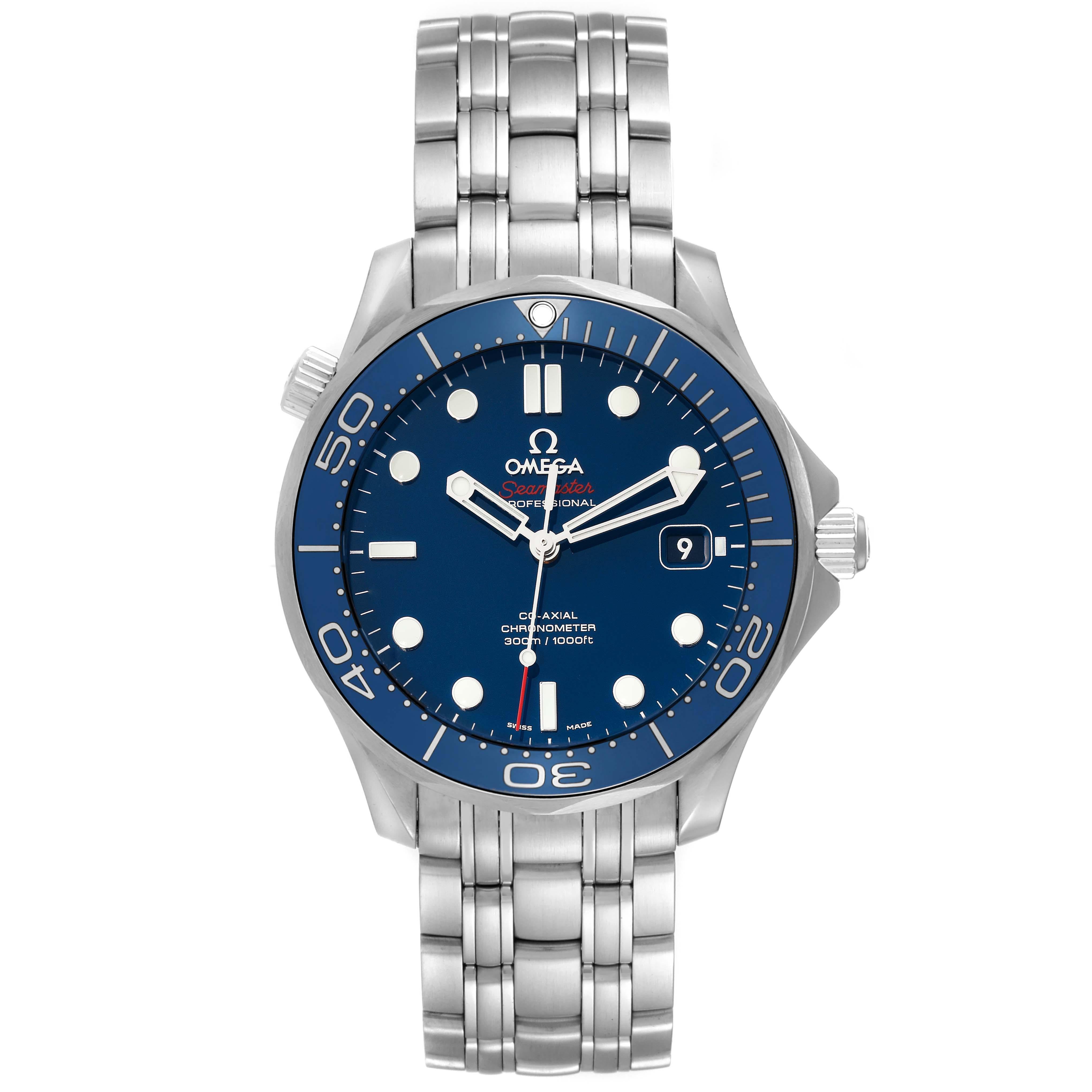 Omega Seamaster Diver 300M Co-Axial Steel Mens Watch 212.30.41.20.03.001 Card. Automatic self-winding chronometer, Co-Axial Escapement movement with rhodium-plated finish. Stainless steel case 41.0 mm in diameter. Helium escape valve at 10 o'clock.