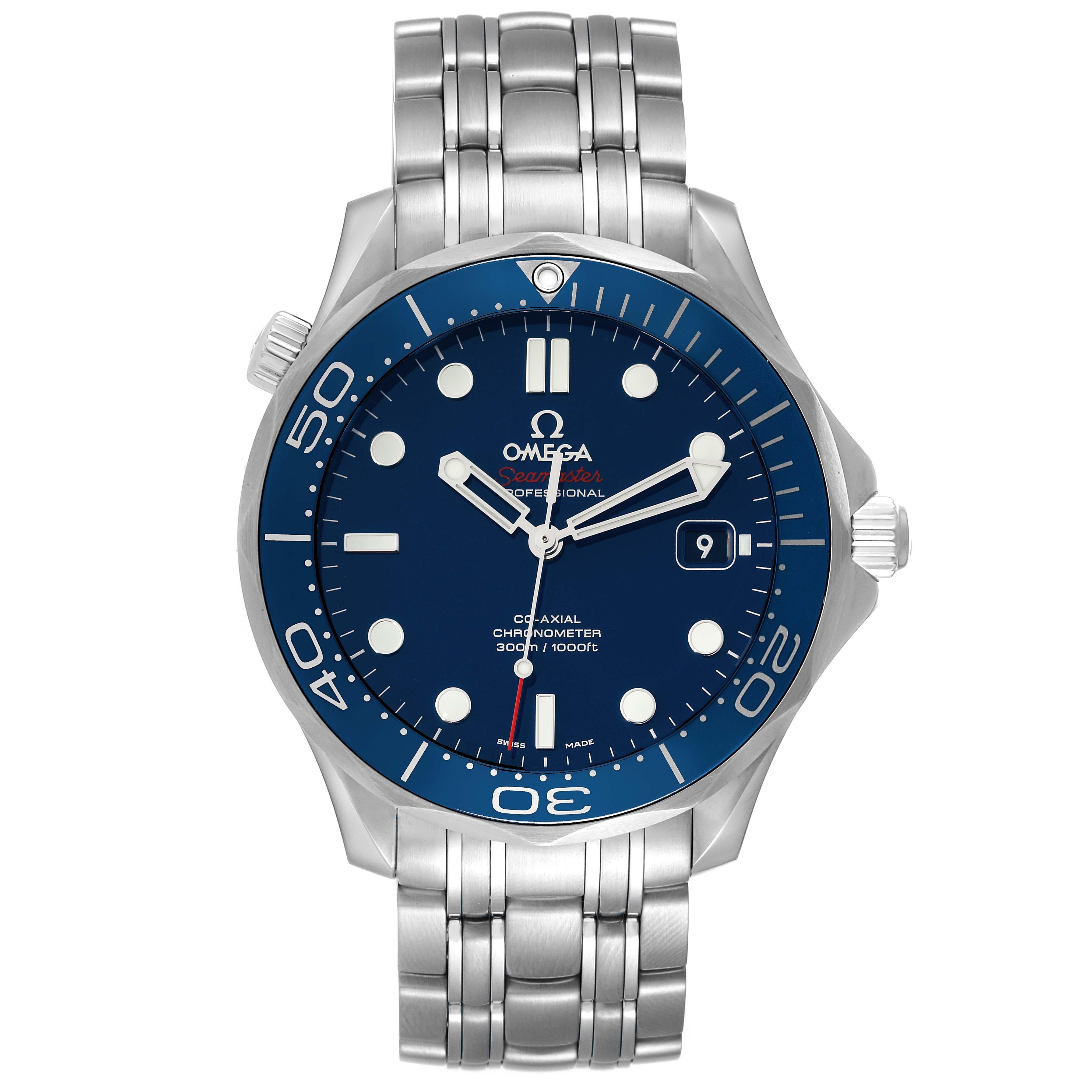 Omega Seamaster Diver 300M Co-Axial Steel Mens Watch 212.30.41.20.03.001. Automatic self-winding chronometer, Co-Axial Escapement movement with rhodium-plated finish. Stainless steel case 41.0 mm in diameter. Helium escape valve at 10 o'clock. Omega