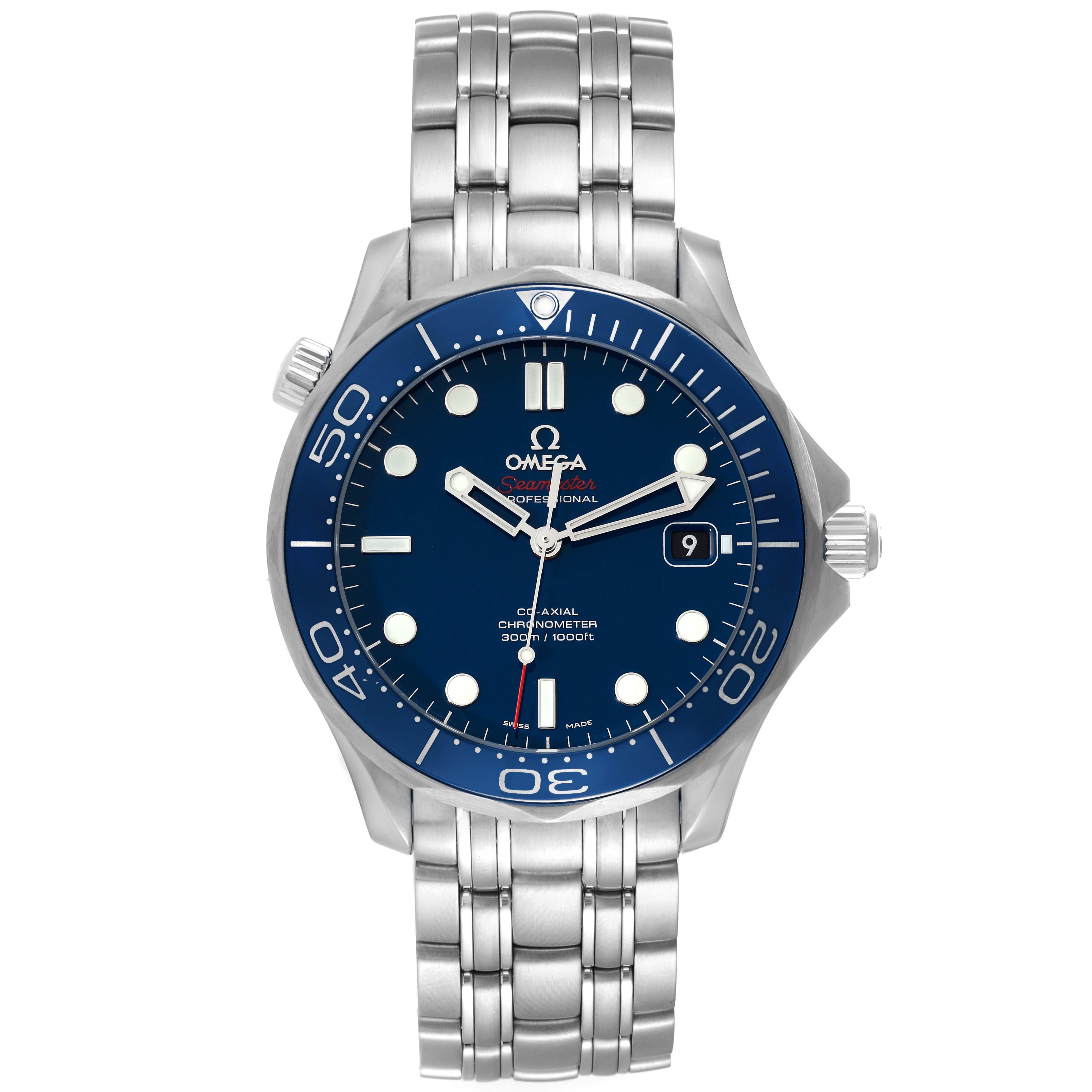 Omega Seamaster Diver 300M Co-Axial Steel Mens Watch 212.30.41.20.03.001. Automatic self-winding chronometer, Co-Axial Escapement movement with rhodium-plated finish. Stainless steel case 41.0 mm in diameter. Helium escape valve at 10 o'clock. Omega