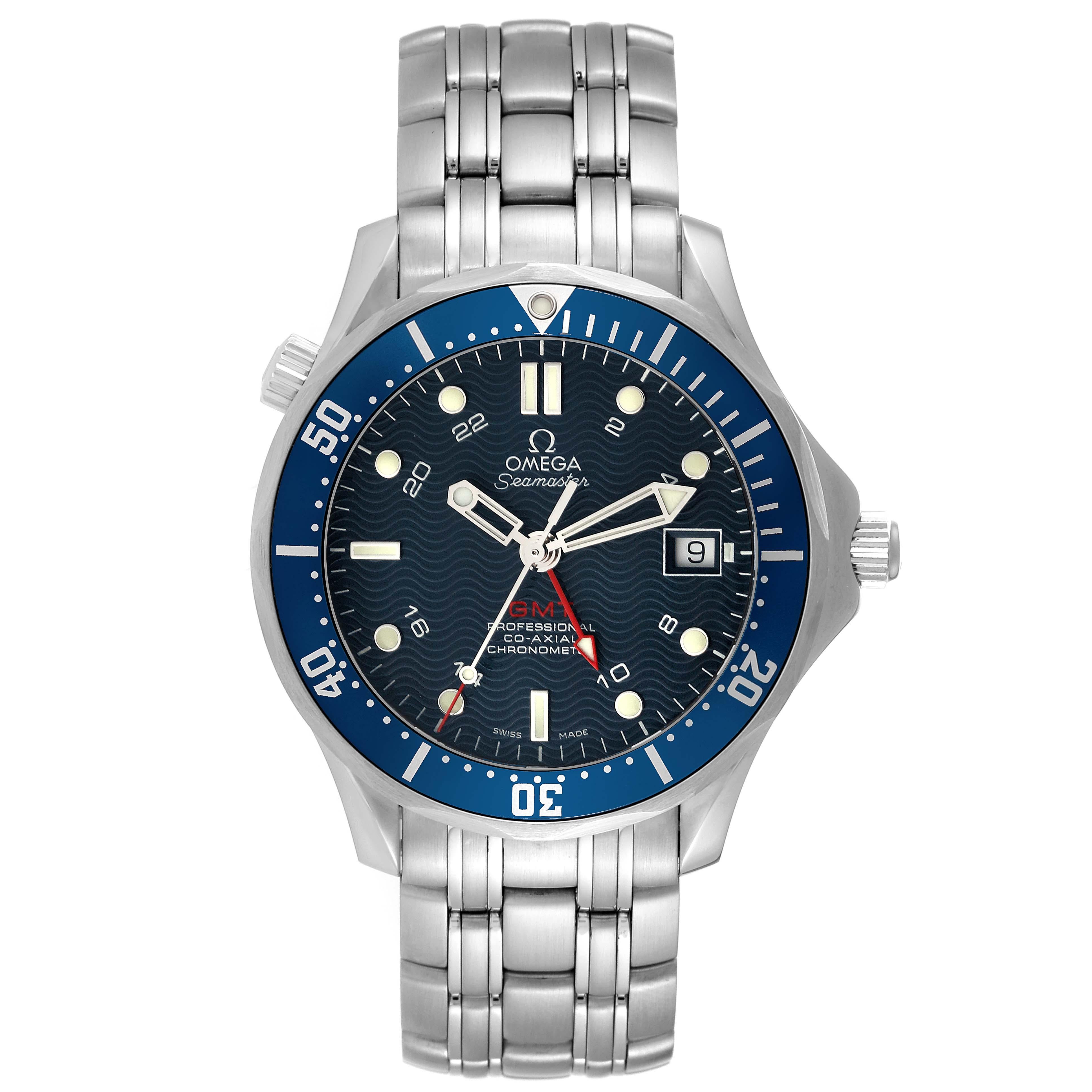 Omega Seamaster Diver 300M GMT Blue Dial Steel Mens Watch 2535.80.00 Box Card. Automatic self-winding movement. Caliber 2628. Stainless steel case 41.0 mm in diameter. Omega logo on the crown. Helium escape valve at 10 o'clock. Transparent