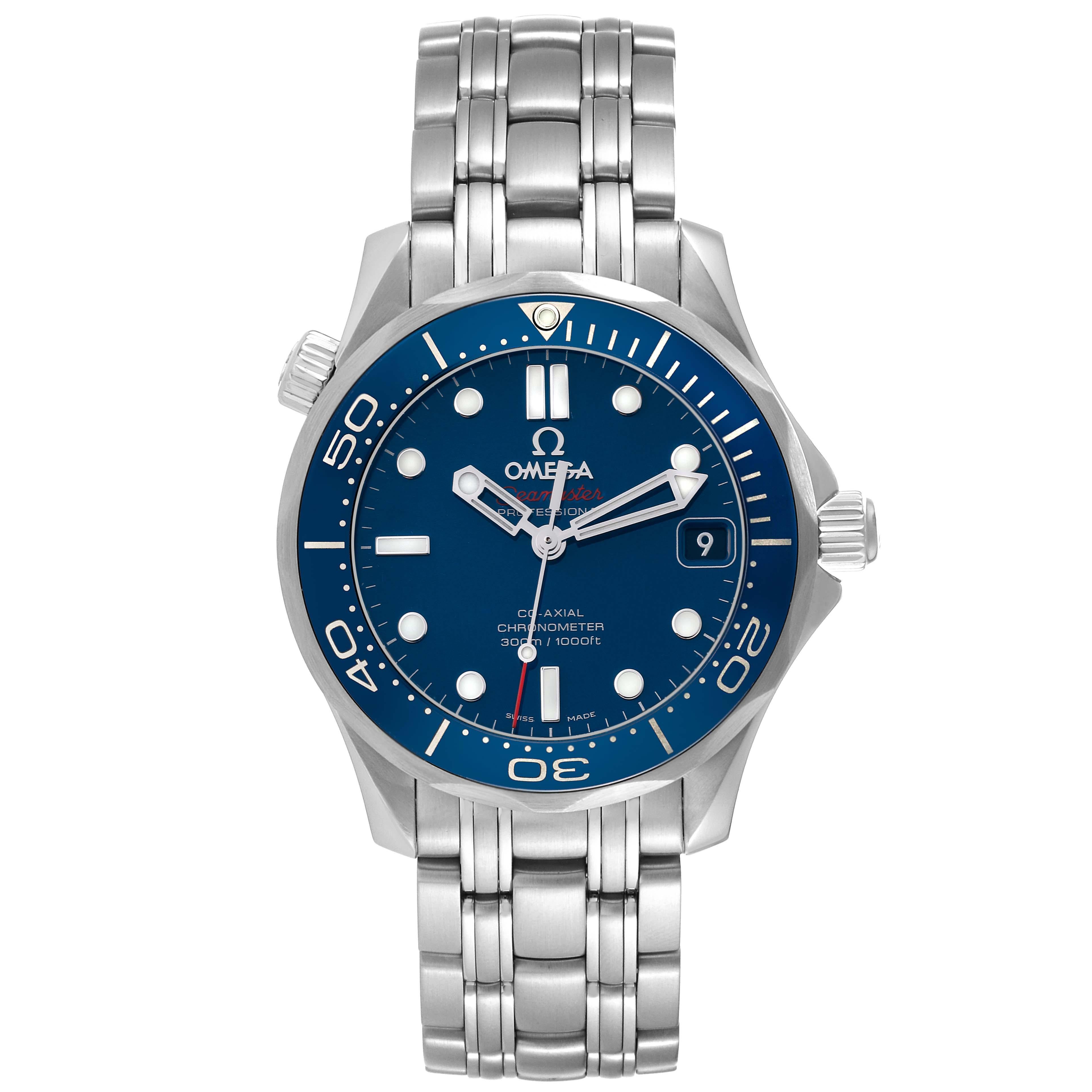 Omega Seamaster Diver 300M Midsize Steel Mens Watch 212.30.36.20.03.001 Box Card. Automatic chronometer, Co-Axial Escapement movement with rhodium-plated finish. Stainless steel case 36.25 mm in diameter. Omega logo on the crown. Helium-escape valve