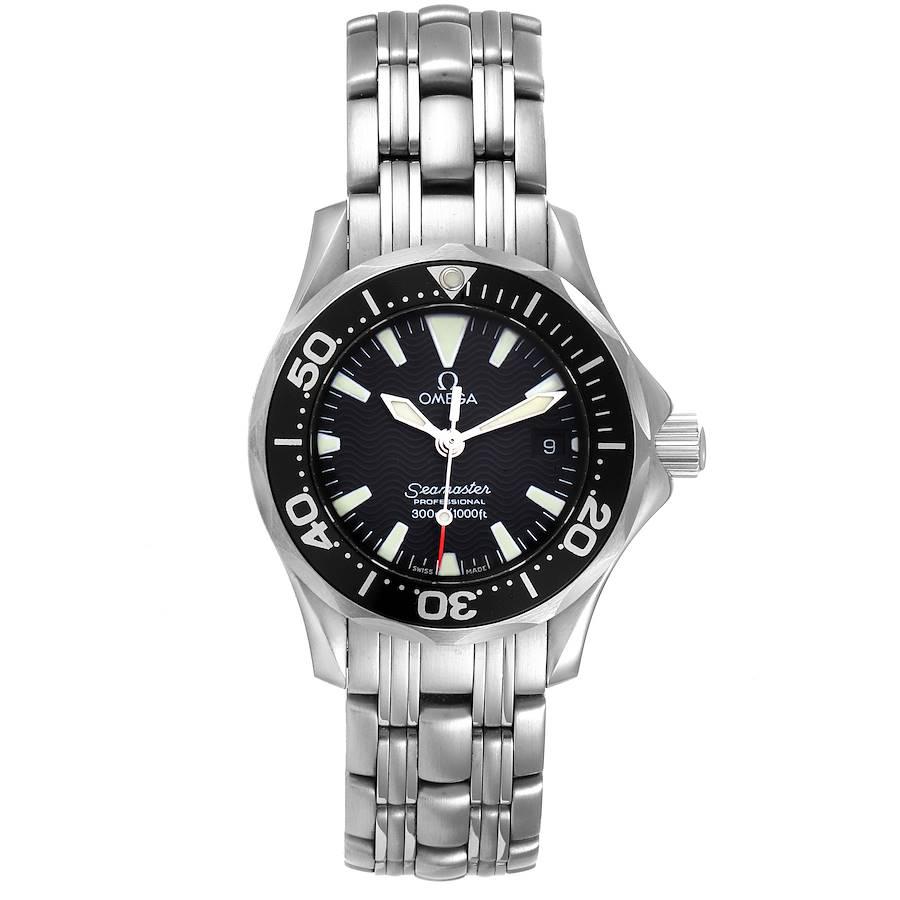 Omega Seamaster Diver 300M Quartz 28mm Steel Ladies Watch 2282.50.00. Quartz movement. Stainless steel round case 28.0 mm in diameter. Black unidirectional rotating bezel. Scratch resistant sapphire crystal. Black wave decore dial with luminous hour