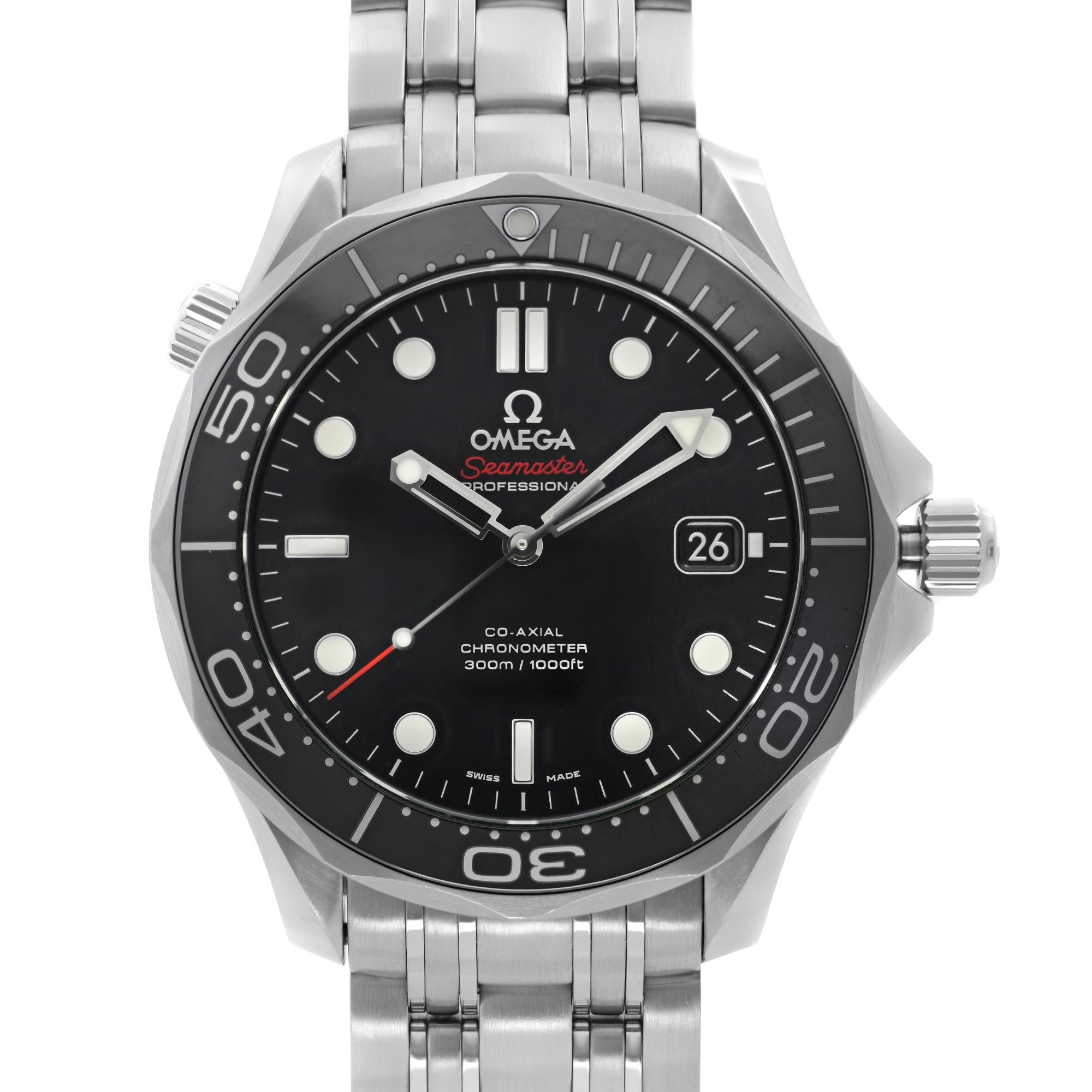 Store Display Model Omega Seamaster Diver 300M Steel Black Dial Automatic Men's Watch 212.30.41.20.01.003. This Beautiful Timepiece is Powered by Mechanical (Automatic) Movement and Features: Round Stainless Steel Case with a Stainless Steel