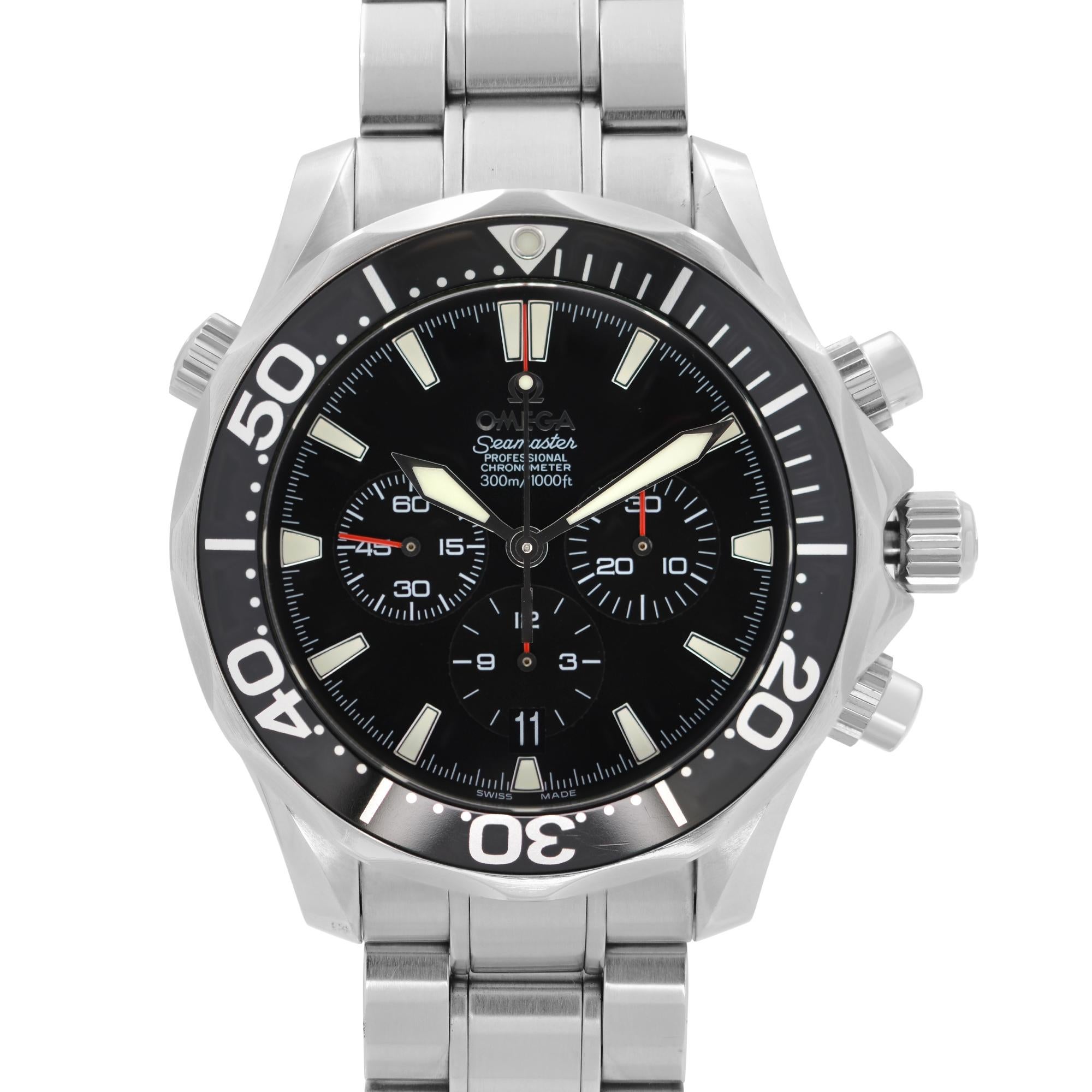 Pre Owned Omega Seamaster Diver 300M Steel Chronograph Black Dial Men's Watch 2594.52.00. This Beautiful Timepiece is Powered by Mechanical (Automatic) Movement And Features: Round Stainless steel Case & Bracelet, Black Unidirectional Stainless