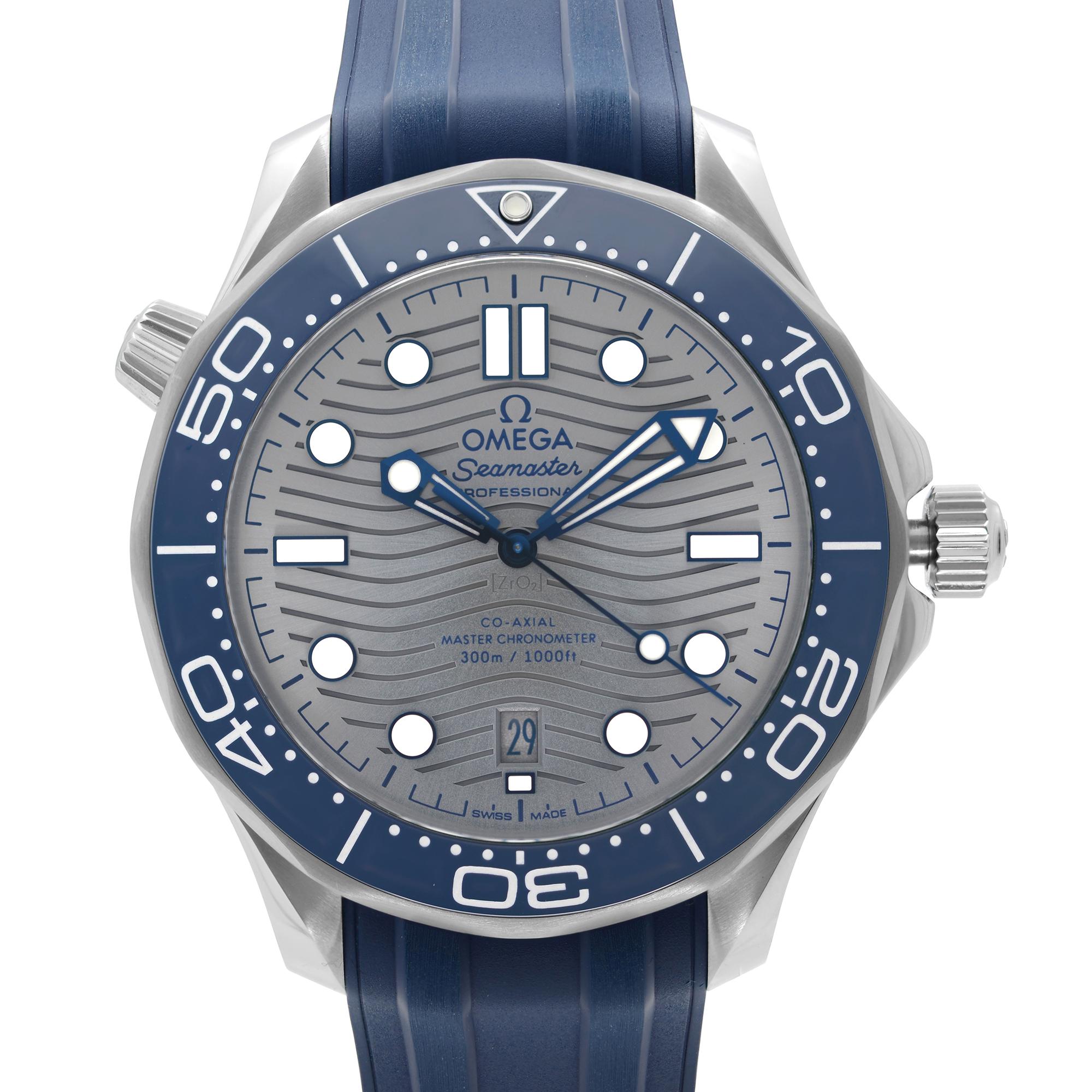 Omega Seamaster Diver 300M Steel Grey Wave Dial Men's Watch 210.32.42.20.06.001 This Beautiful Timepiece Features: Stainless Steel Case with a Blue Rubber Strap. Rotating Stainless Steel Bezel with a Blue Ceramic ( Count-up Elapsed Time) Top Ring.
