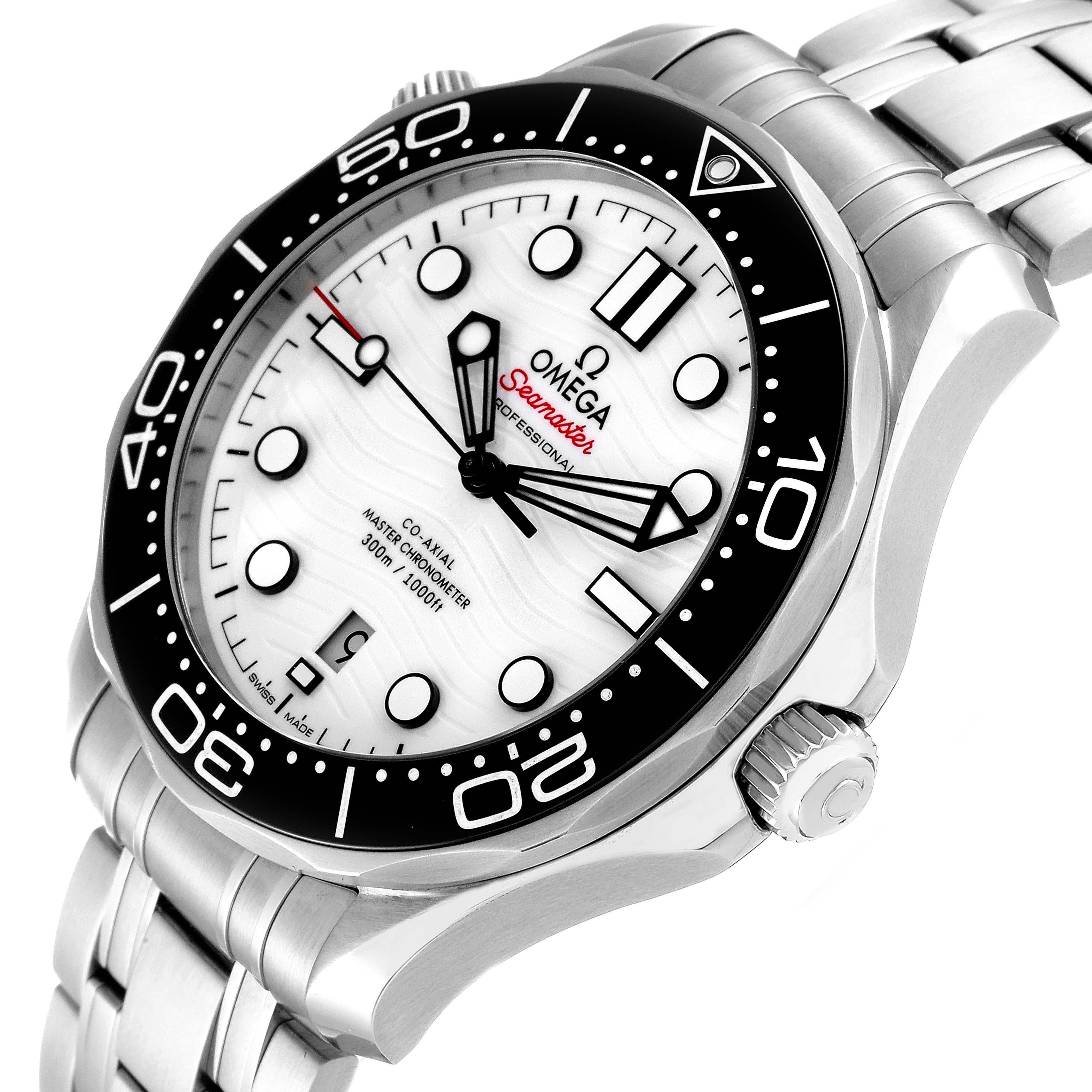 Omega Seamaster Diver 300M Steel Mens Watch 210.30.42.20.04.001 Box Card. Automatic self-winding chronometer, Co-Axial Escapement movement with rhodium-plated finish. Stainless steel case 42.0 mm in diameter. Helium escape valve at 10 o'clock. Omega