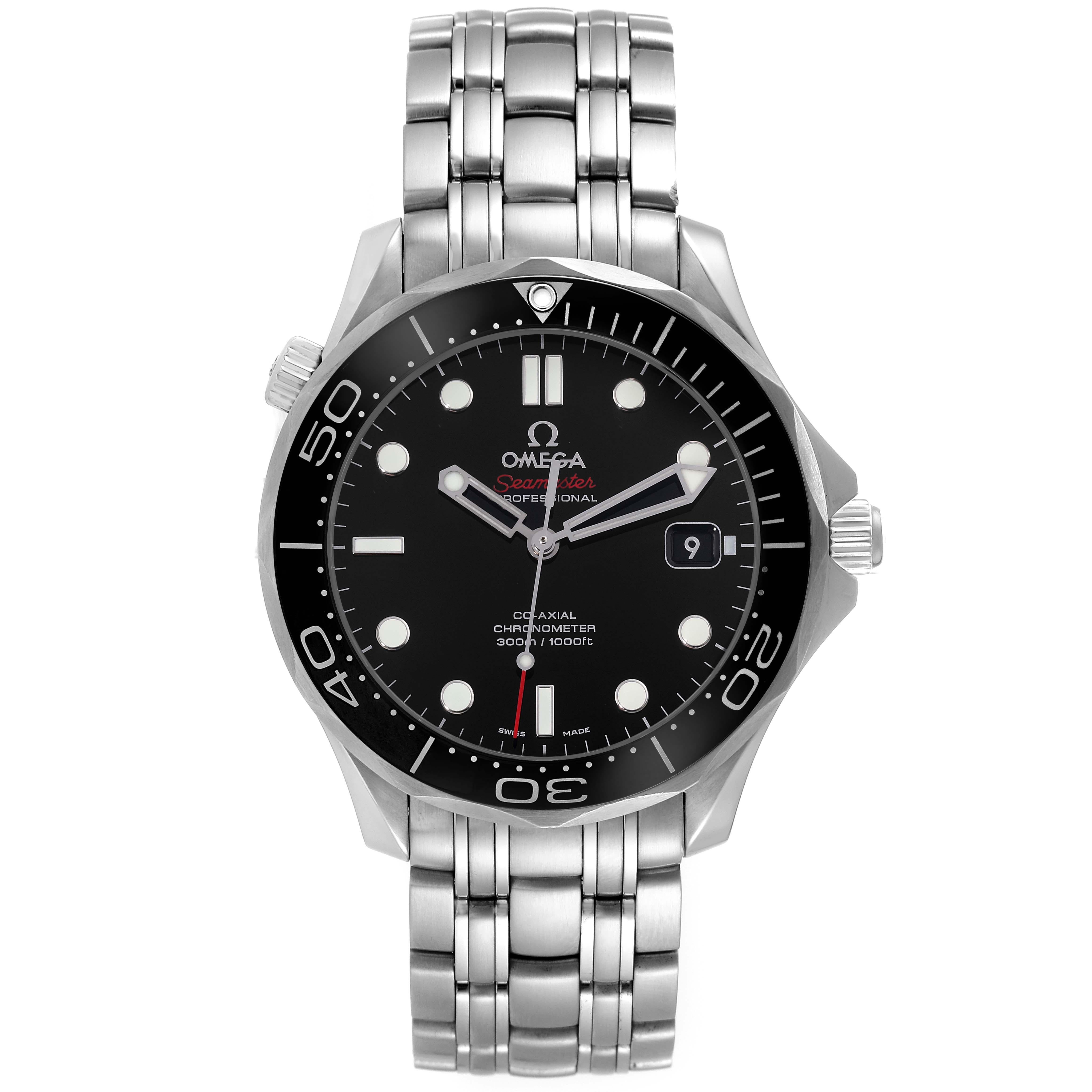 Omega Seamaster Diver 300M Steel Mens Watch 212.30.41.20.01.003 Box Card. Automatic self-winding chronometer, Co-Axial Escapement movement. Stainless steel case 41 mm in diameter. Helium escape valve at 10 o'clock. Omega logo on the crown. Black