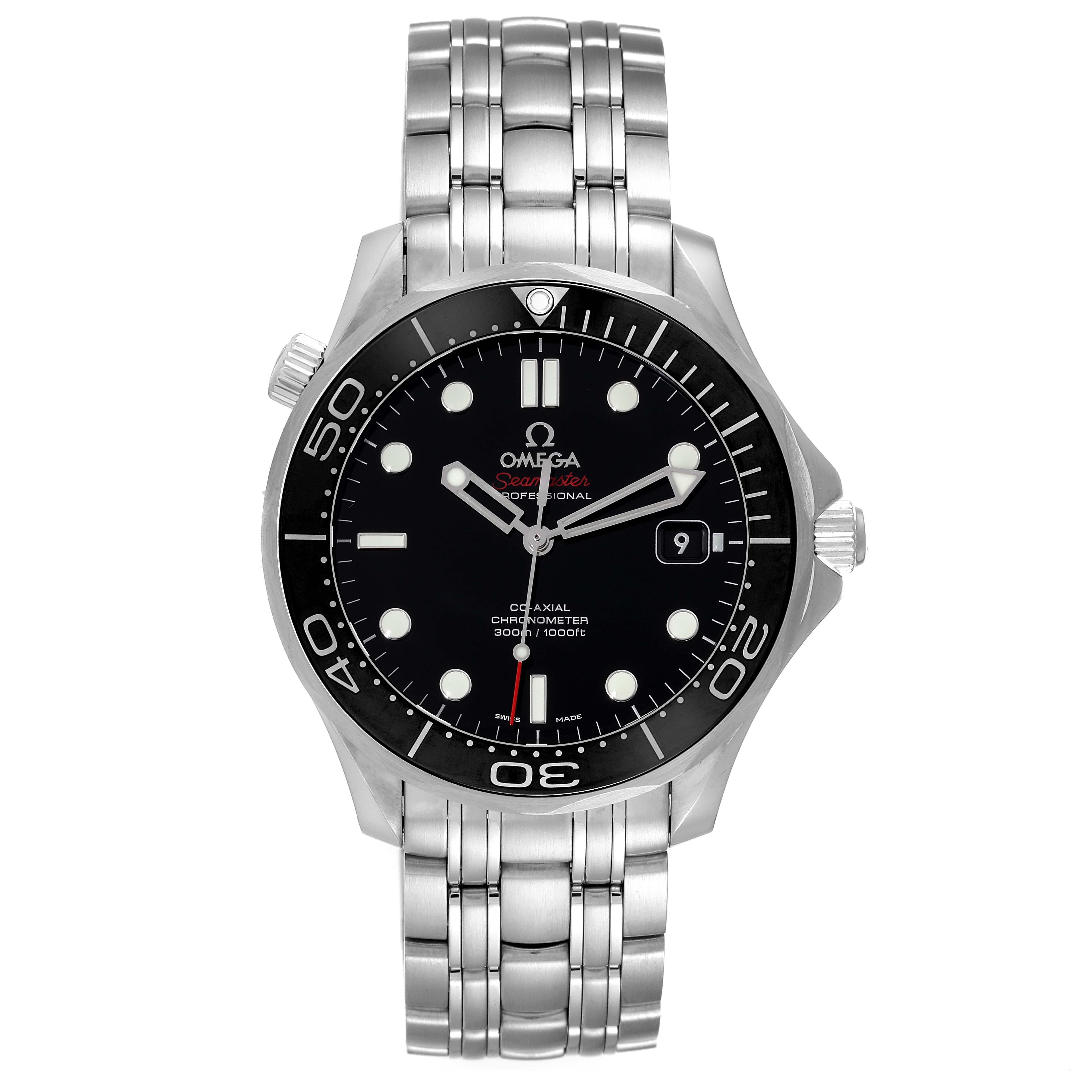 Omega Seamaster Diver 300M Steel Mens Watch 212.30.41.20.01.003. Automatic self-winding chronometer, Co-Axial Escapement movement. Stainless steel case 41 mm in diameter. Helium escape valve at 10 o'clock. Omega logo on the crown. Black ceramic
