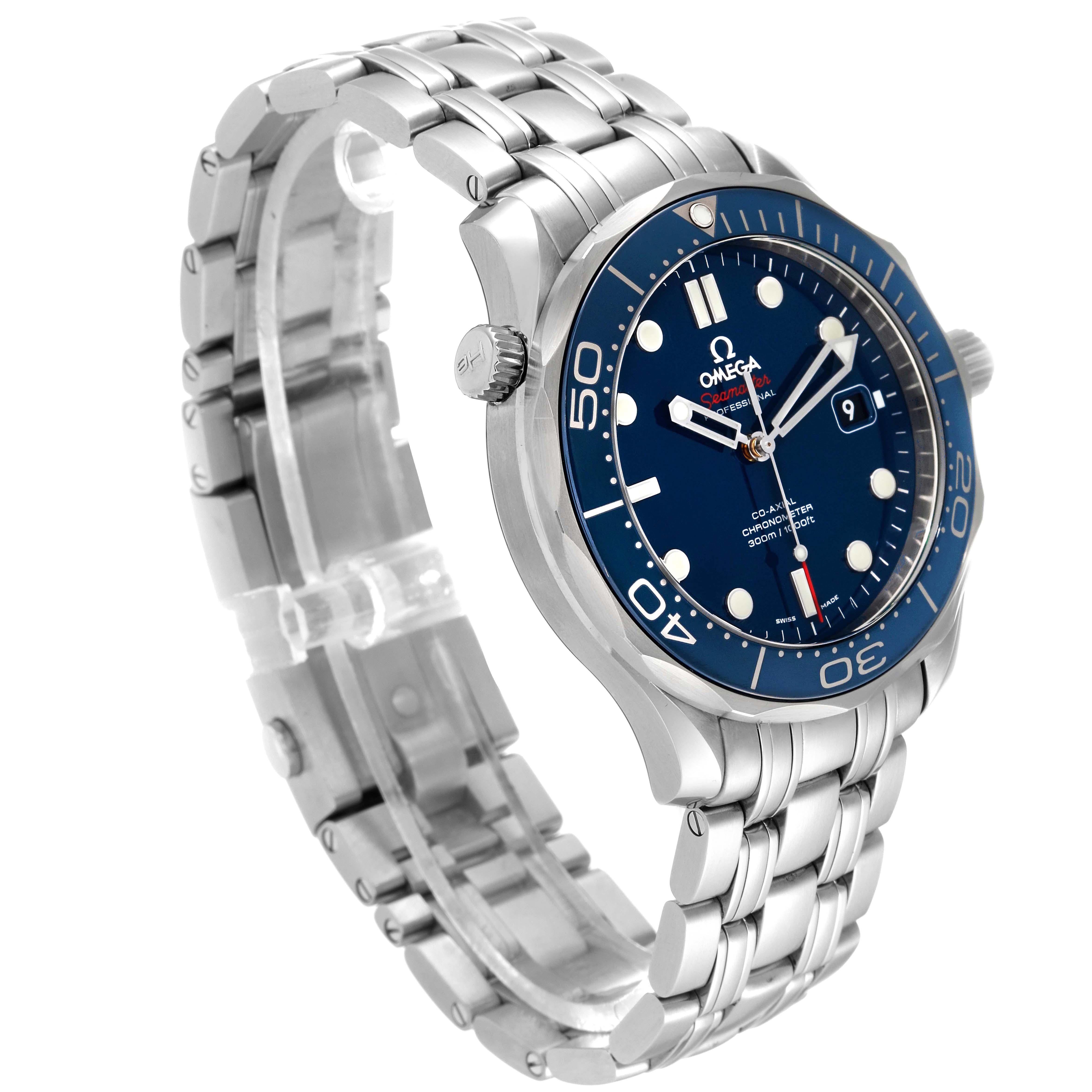 Omega Seamaster Diver 300M Steel Mens Watch 212.30.41.20.03.001 Box Card. Automatic self-winding chronometer, Co-Axial Escapement movement with rhodium-plated finish. Stainless steel case 41.0 mm in diameter. Helium escape valve at 10 o'clock. Omega