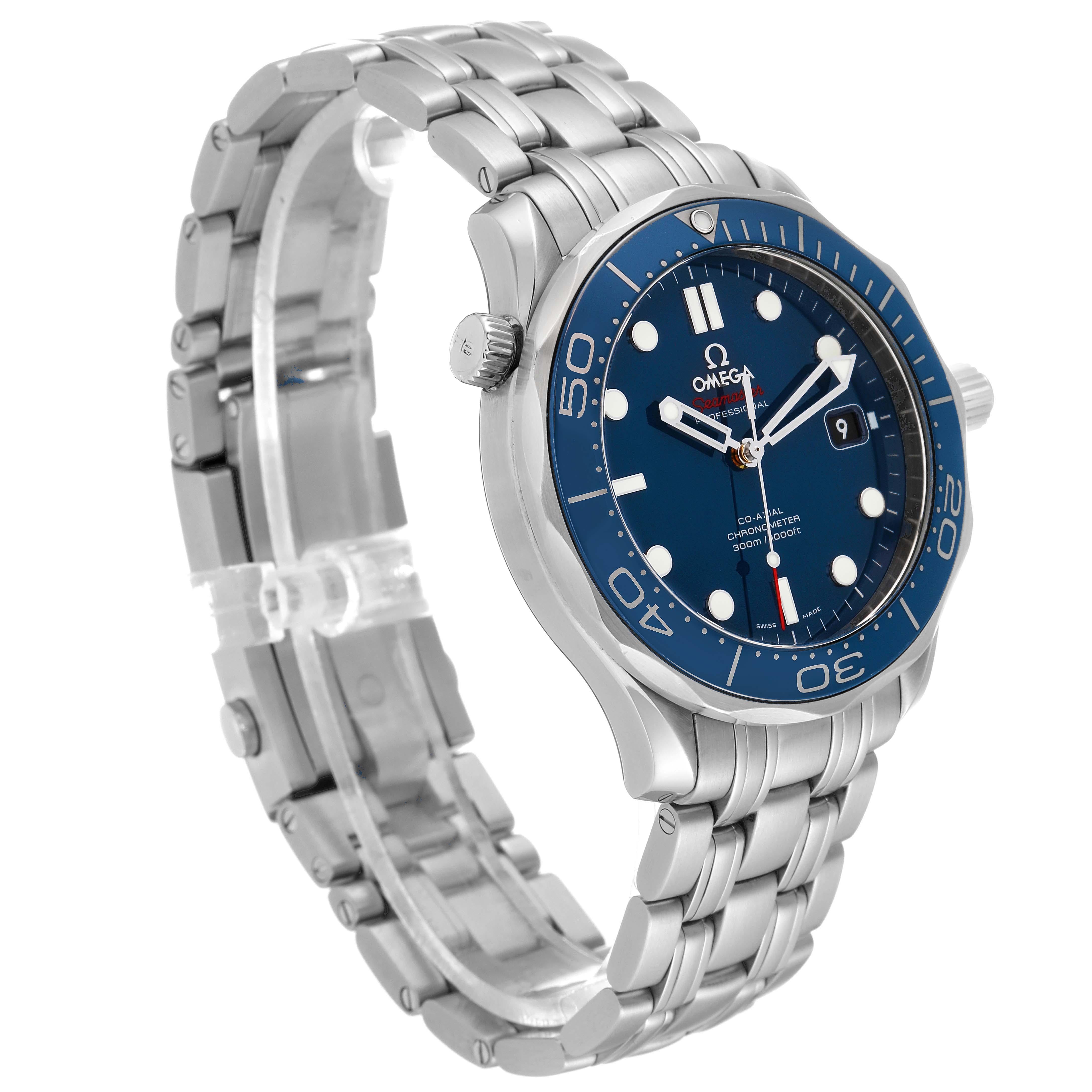 Omega Seamaster Diver 300M Steel Mens Watch 212.30.41.20.03.001. Automatic self-winding chronometer, Co-Axial Escapement movement with rhodium-plated finish. Stainless steel case 41.0 mm in diameter. Helium escape valve at 10 o'clock. Omega logo on