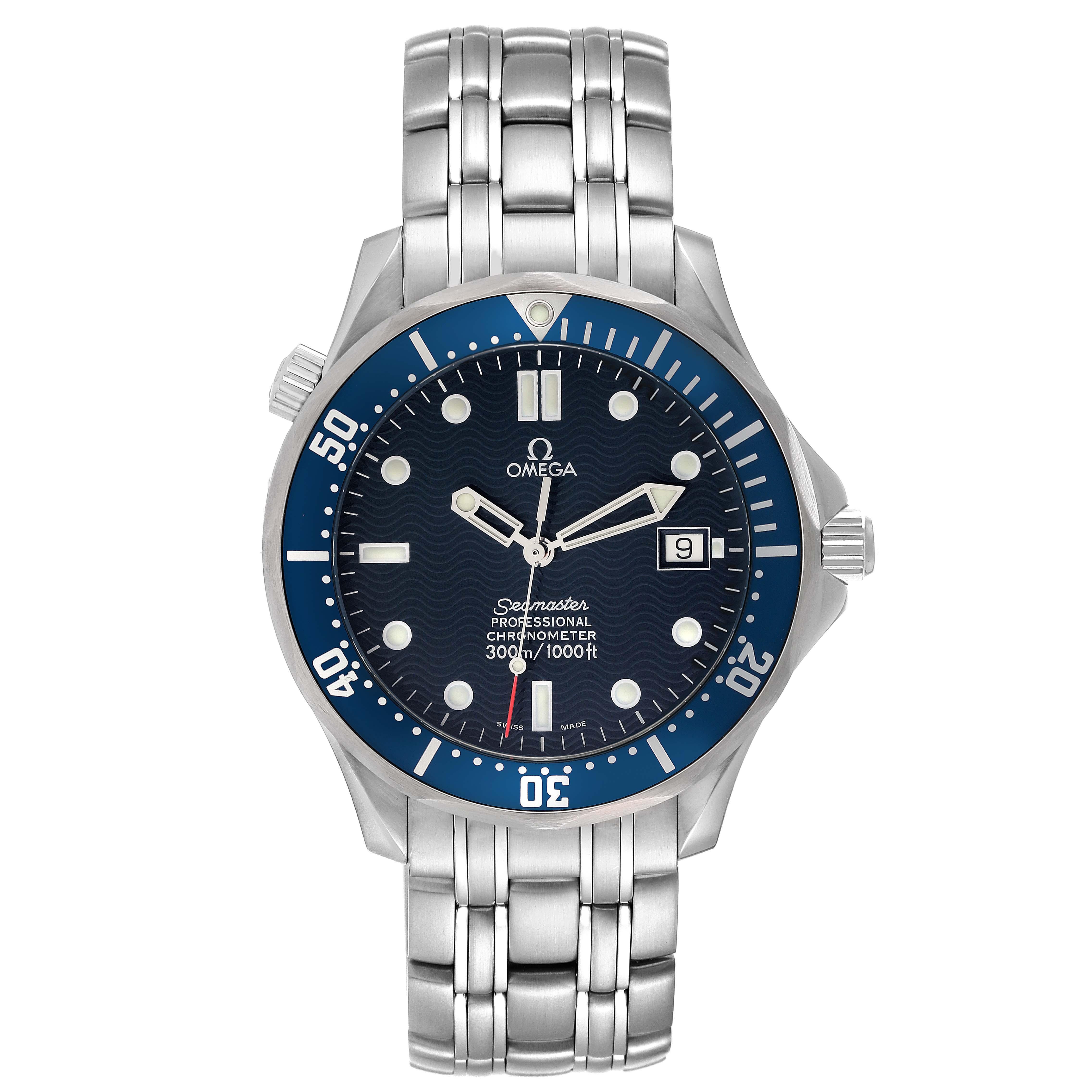 Omega Seamaster Diver 300mm Blue Dial Steel Mens Watch 2531.80.00 Box Card. Automatic self-winding movement. Stainless steel case 41.0 mm in diameter. Omega logo on the crown. Helium escape valve at 10 o'clock. Blue unidirectional rotating bezel.