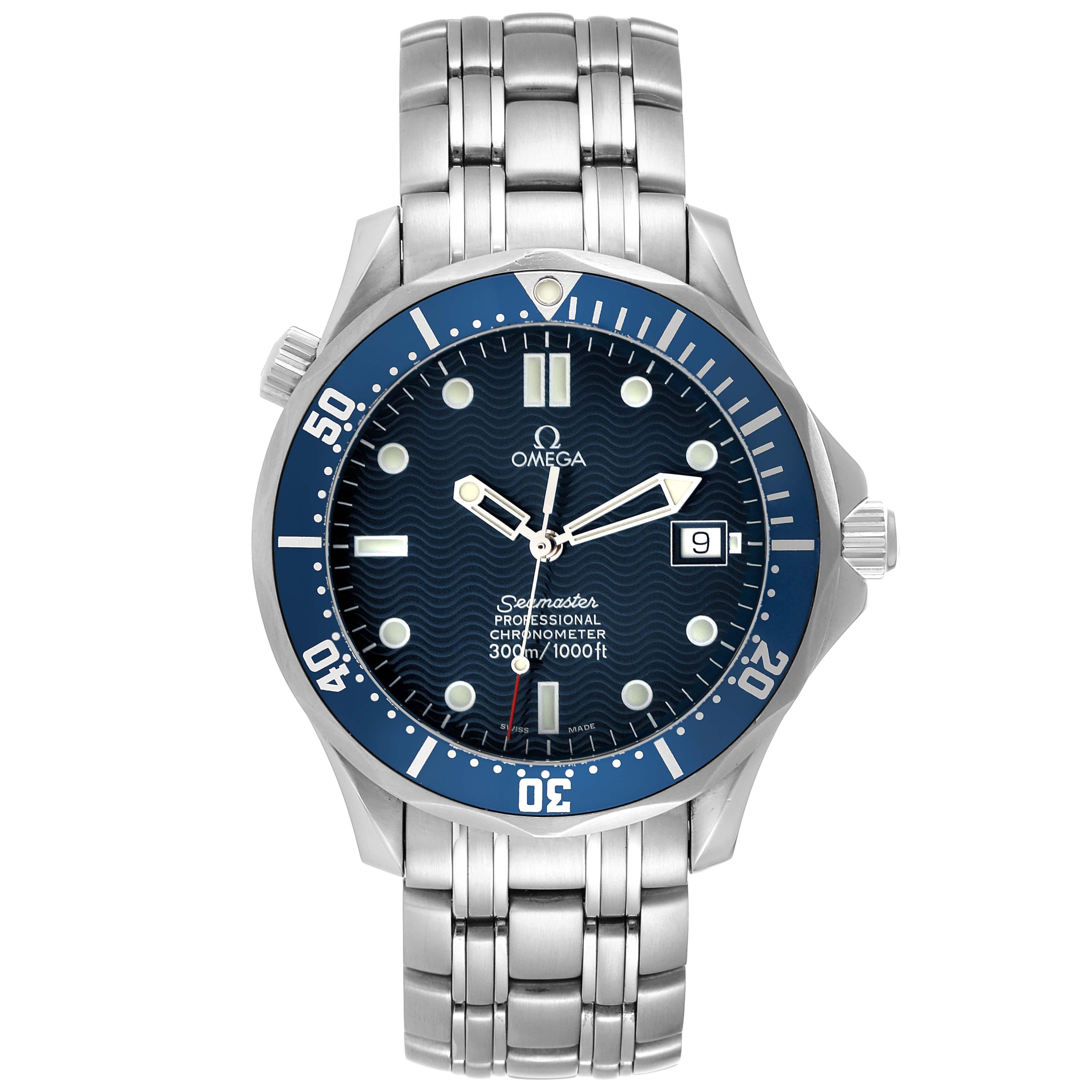 Omega Seamaster Diver 300mm Blue Dial Steel Mens Watch 2531.80.00 Card. Automatic self-winding movement. Stainless steel case 41.0 mm in diameter. Omega logo on the crown. Helium escape valve at 10 o'clock. Blue unidirectional rotating bezel.
