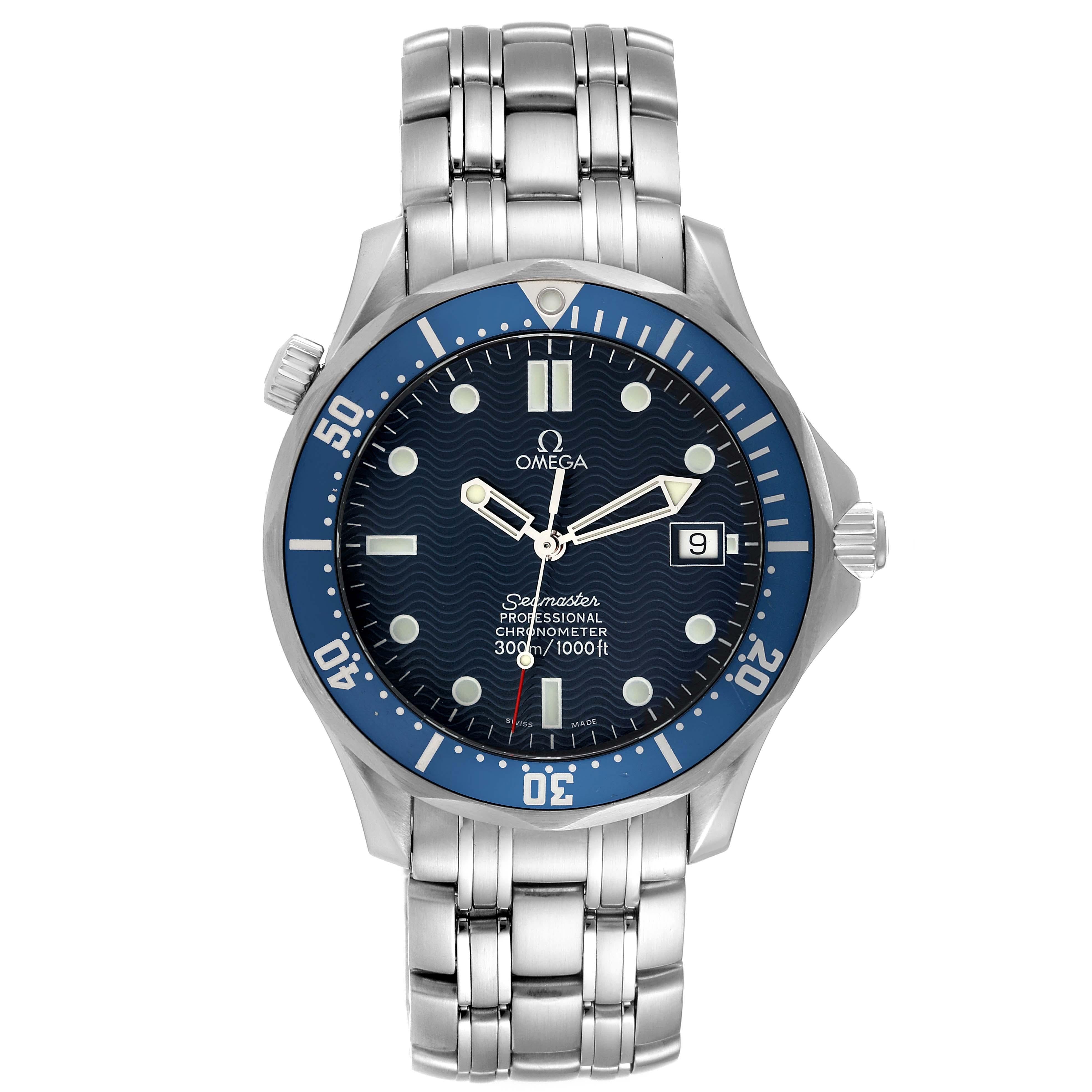 Omega Seamaster Diver 300mm Blue Dial Steel Mens Watch 2531.80.00. Automatic self-winding movement. Stainless steel case 41.0 mm in diameter. Omega logo on the crown. Helium escape valve at 10 o'clock. Blue unidirectional rotating bezel. Scratch