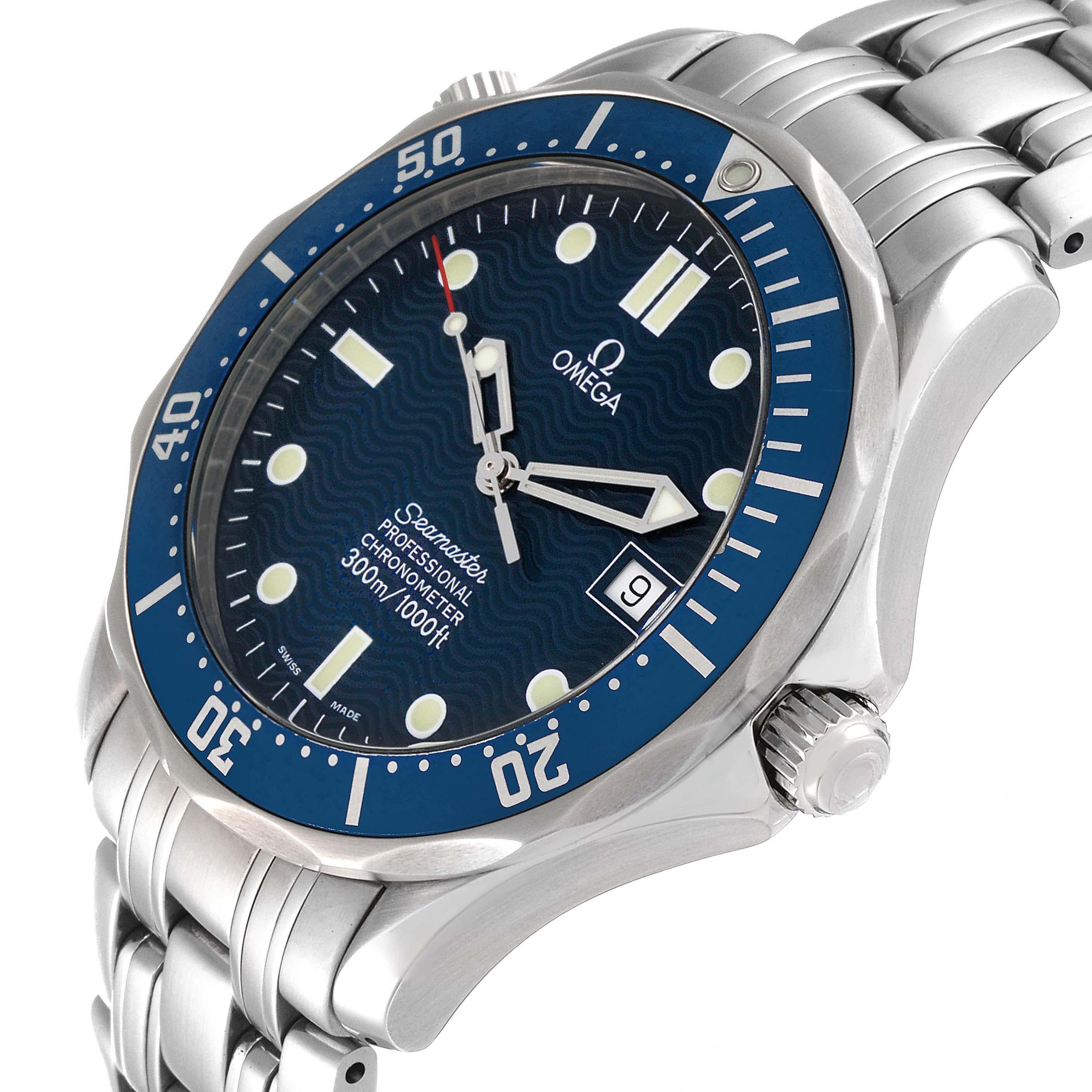 Omega Seamaster Diver 300mm Blue Dial Steel Mens Watch 2531.80.00. Automatic self-winding movement. Stainless steel case 41.0 mm in diameter. Omega logo on the crown. Helium escape valve at 10 o'clock. Blue unidirectional rotating bezel. Scratch