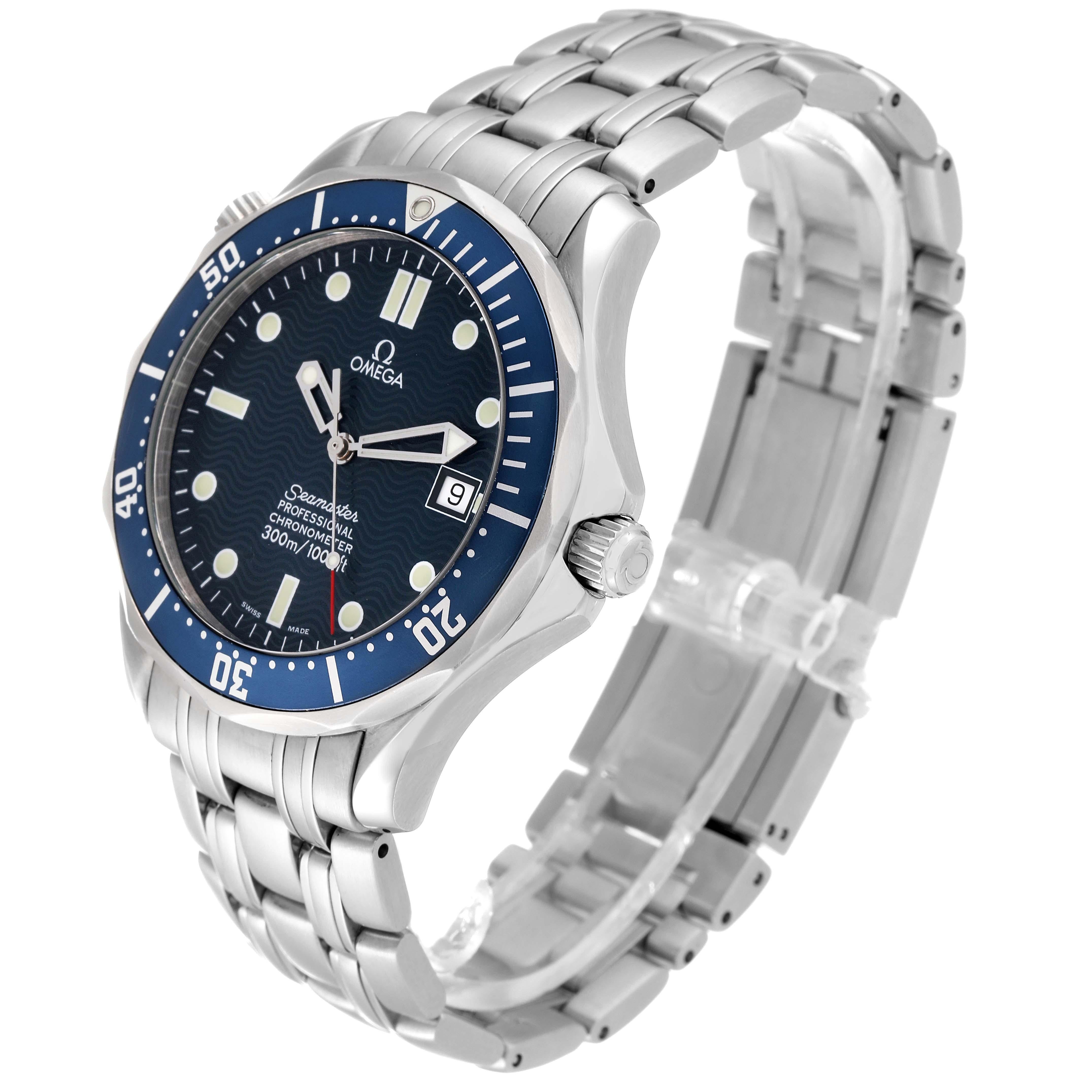Omega Seamaster Diver 300mm Blue Dial Steel Mens Watch 2531.80.00. Automatic self-winding movement. Stainless steel case 41.0 mm in diameter. Omega logo on the crown. Helium escape valve at 10 o'clock. Blue unidirectional rotating bezel. Scratch