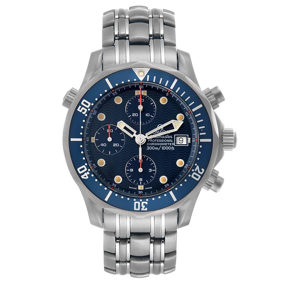 Omega Seamaster Diver Chronograph Blue Dial Titanium Mens Watch 2298.80.00. Officially certified chronometer automatic self-winding movement. Chronograph function. Titanium case 41.5 mm in diameter. Omega logo on the crown. Blue unidirectional