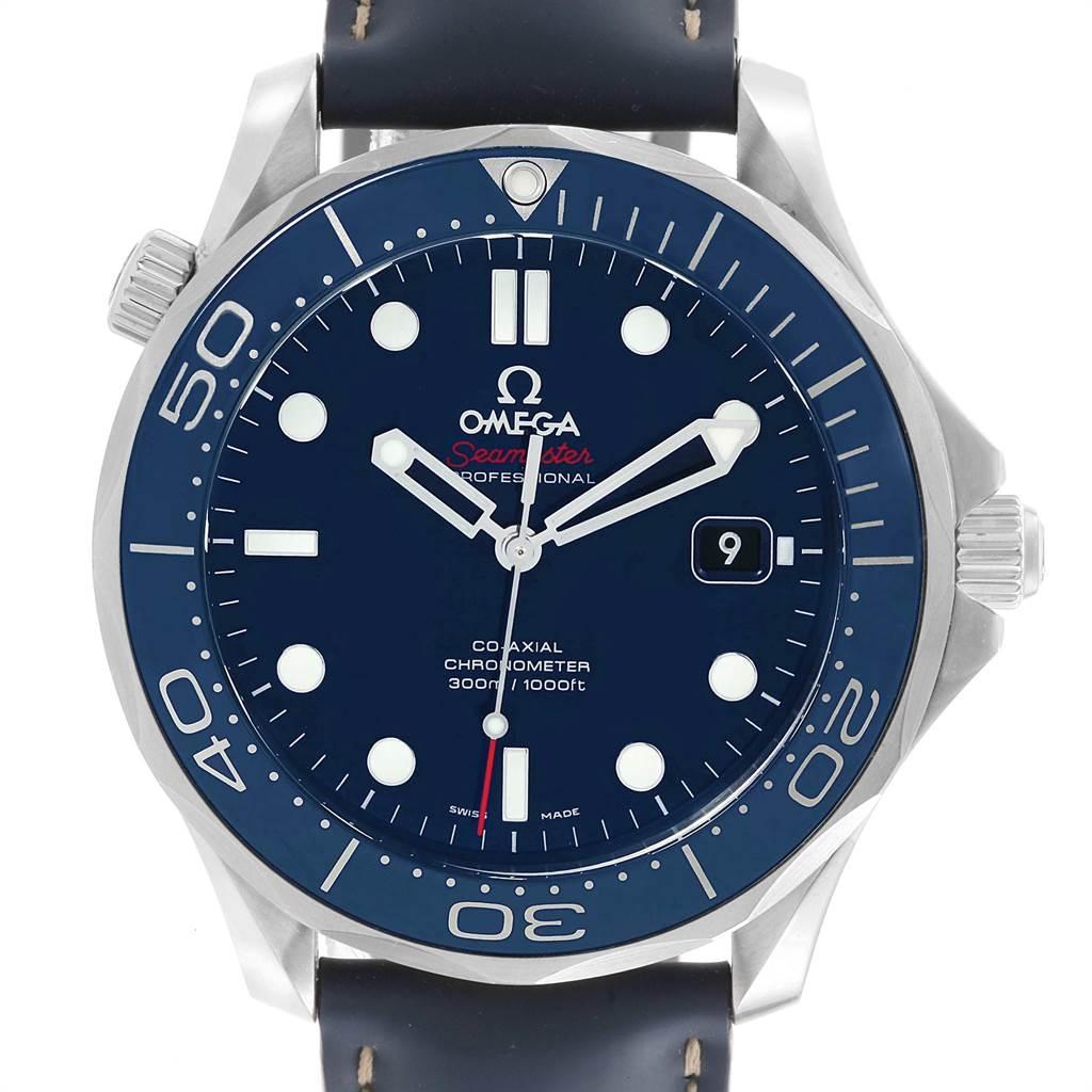 Omega Seamaster Diver Co-Axial Mens Watch 212.30.41.20.03.001 Box Card. Automatic self-winding chronometer, Co-Axial Escapement movement with rhodium-plated finish. Stainless steel case 41.0 mm in diameter. Omega logo on a crown. Blue ceramic