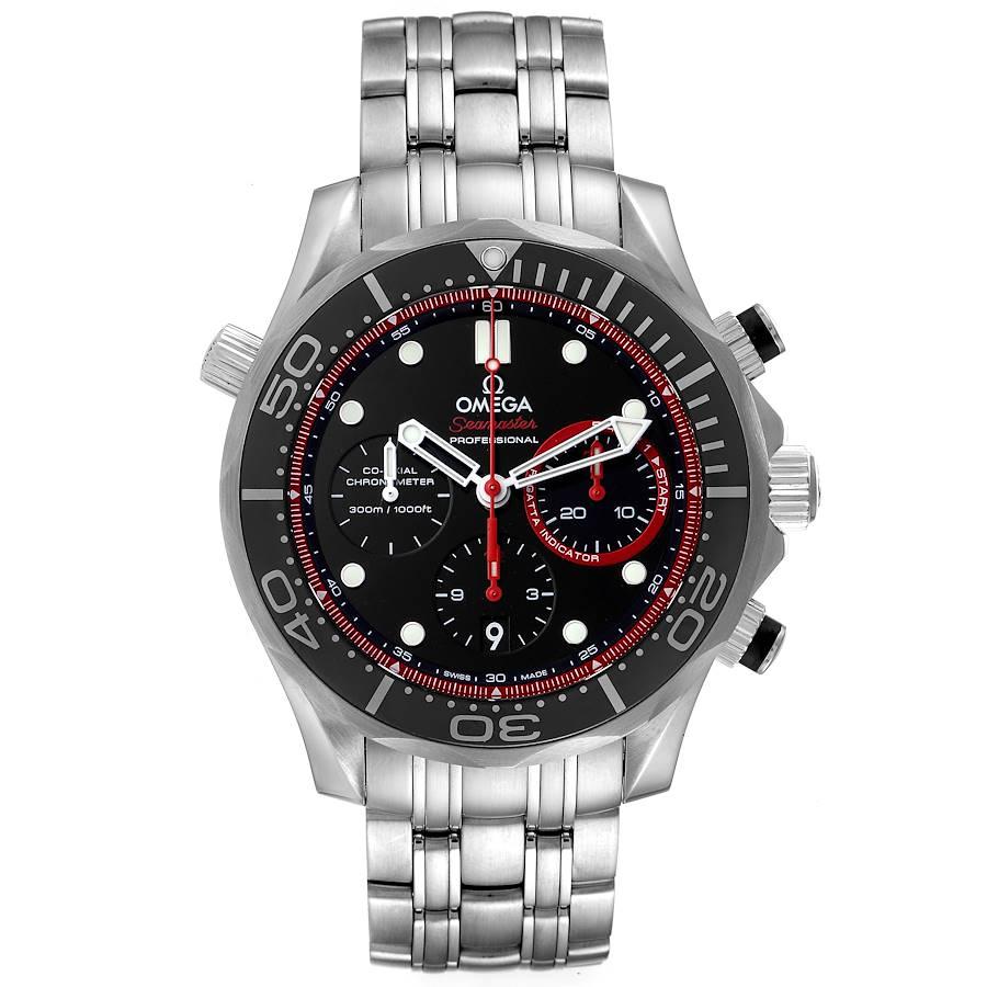 Omega Seamaster Diver ETNZ Limited Edition Uhr 212.32.44.50.01.001 Box-Karte. Automatisches Uhrwerk mit Selbstaufzug. Gehäuse aus Edelstahl mit einem Durchmesser von 44,0 mm. Omega-Logo auf einer Krone.  Gehäuseboden mit eingraviertem ETNZ-Logo und