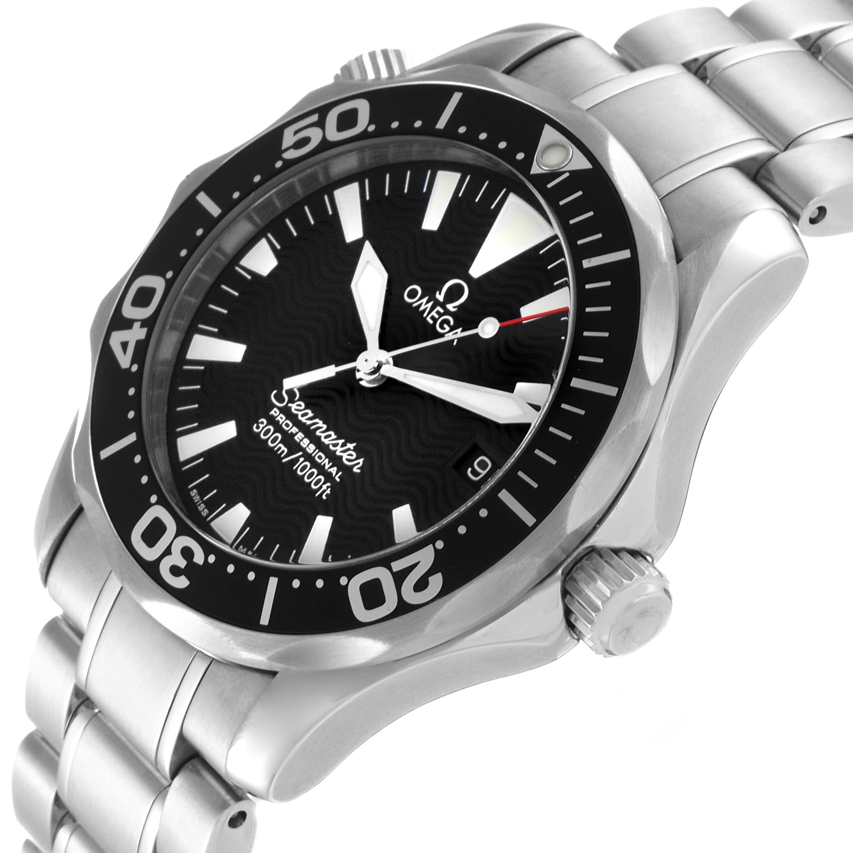 Omega Seamaster Diver Midsize Black Dial Steel Mens Watch 2262.50.00. Quartz movement. Stainless steel case 36.25 mm in diameter. Helium escape valve at 10 o'clock. Omega logo on the crown. Black unidirectional rotating bezel. Scratch resistant