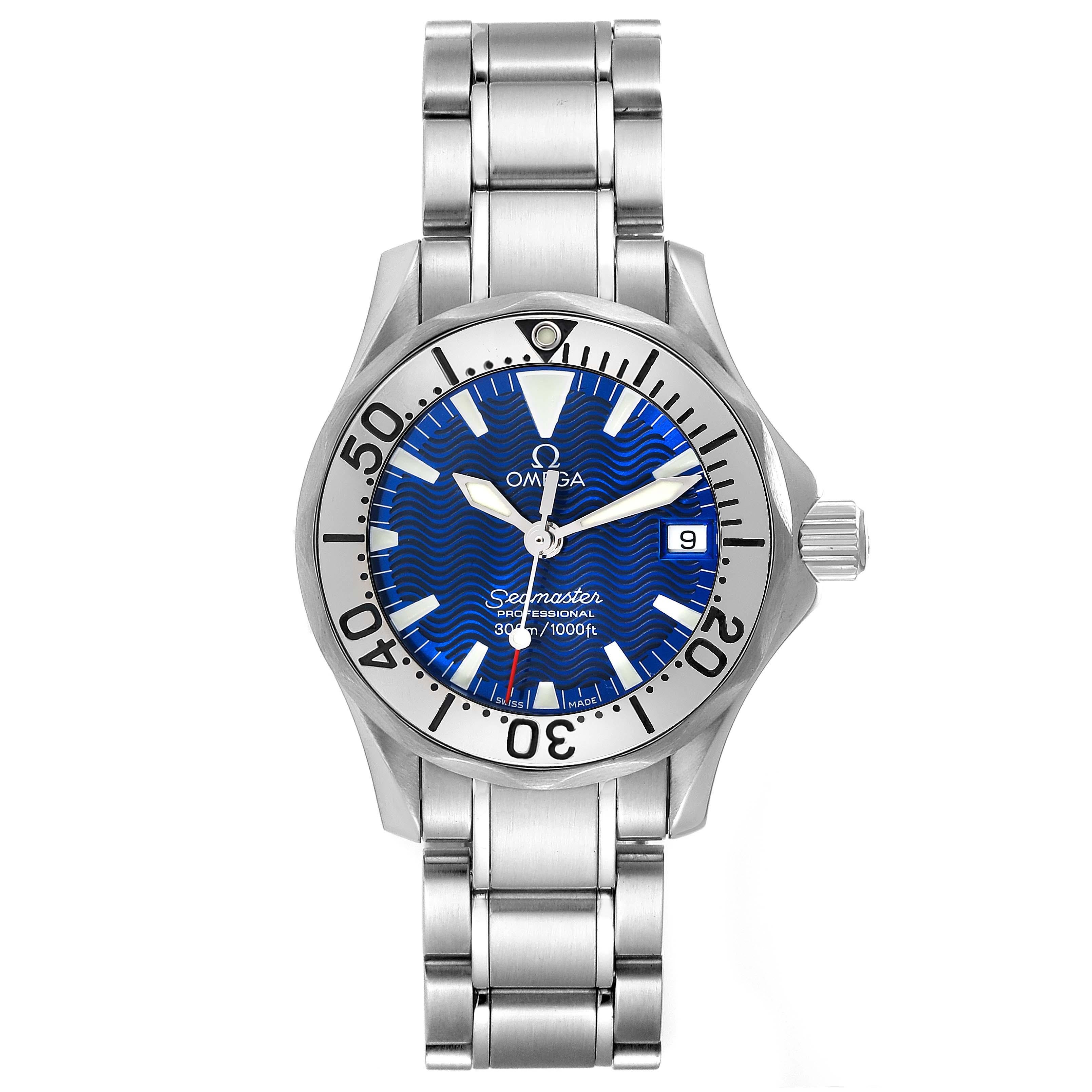 Omega Seamaster Diver Quartz 28mm Steel Ladies Watch 2285.80.00. Quartz movement. Stainless steel round case 28.0 mm in diameter. Stainless steel unidirectional rotating bezel. Scratch resistant sapphire crystal. Electric blue wave decor dial with
