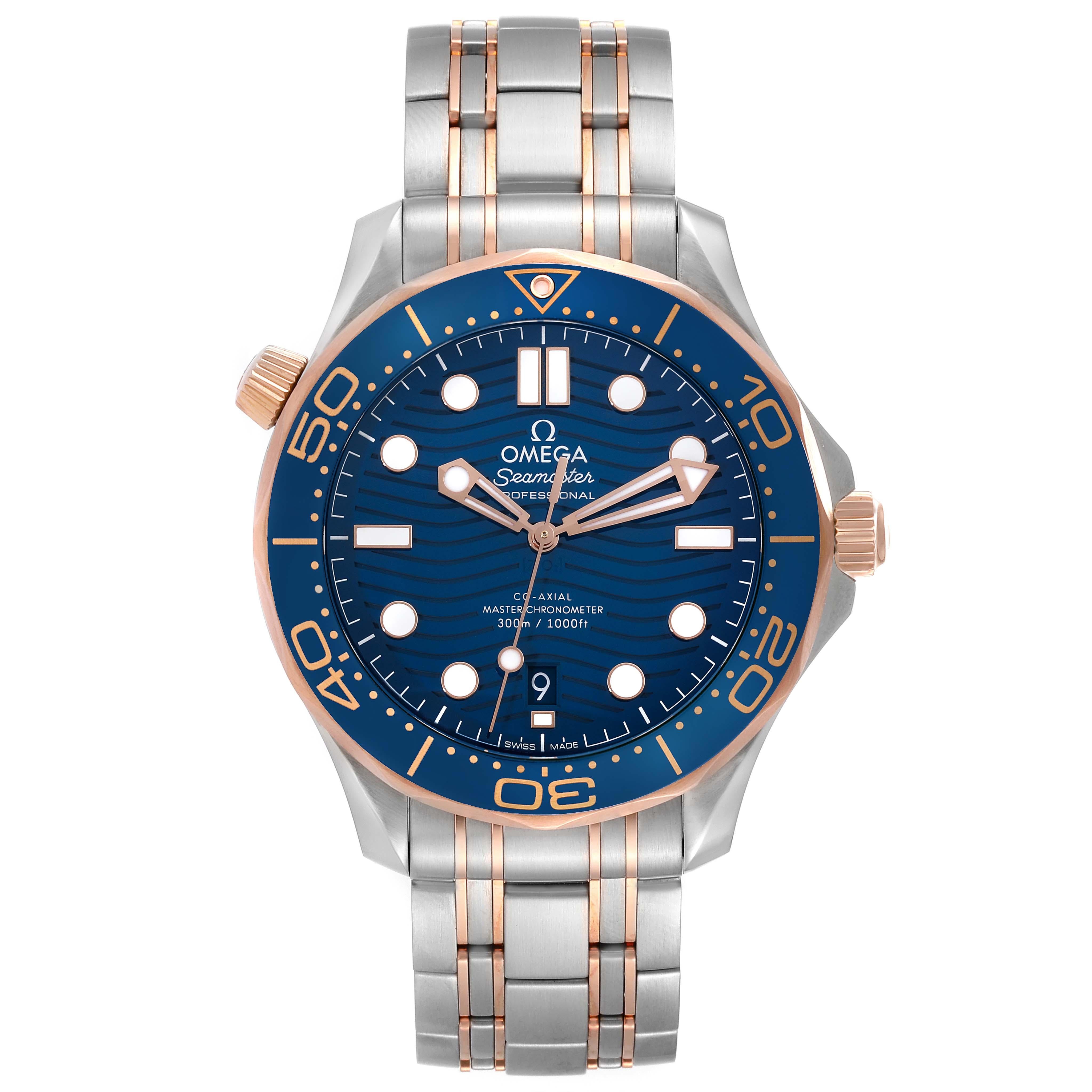 Omega Seamaster Diver Steel Rose Gold Mens Watch 210.20.42.20.03.002 Box Card. Automatic Self-winding chronograph movement with column wheel and Co-Axial escapement. Certified Master Chronometer, approved by METAS, resistant to magnetic fields