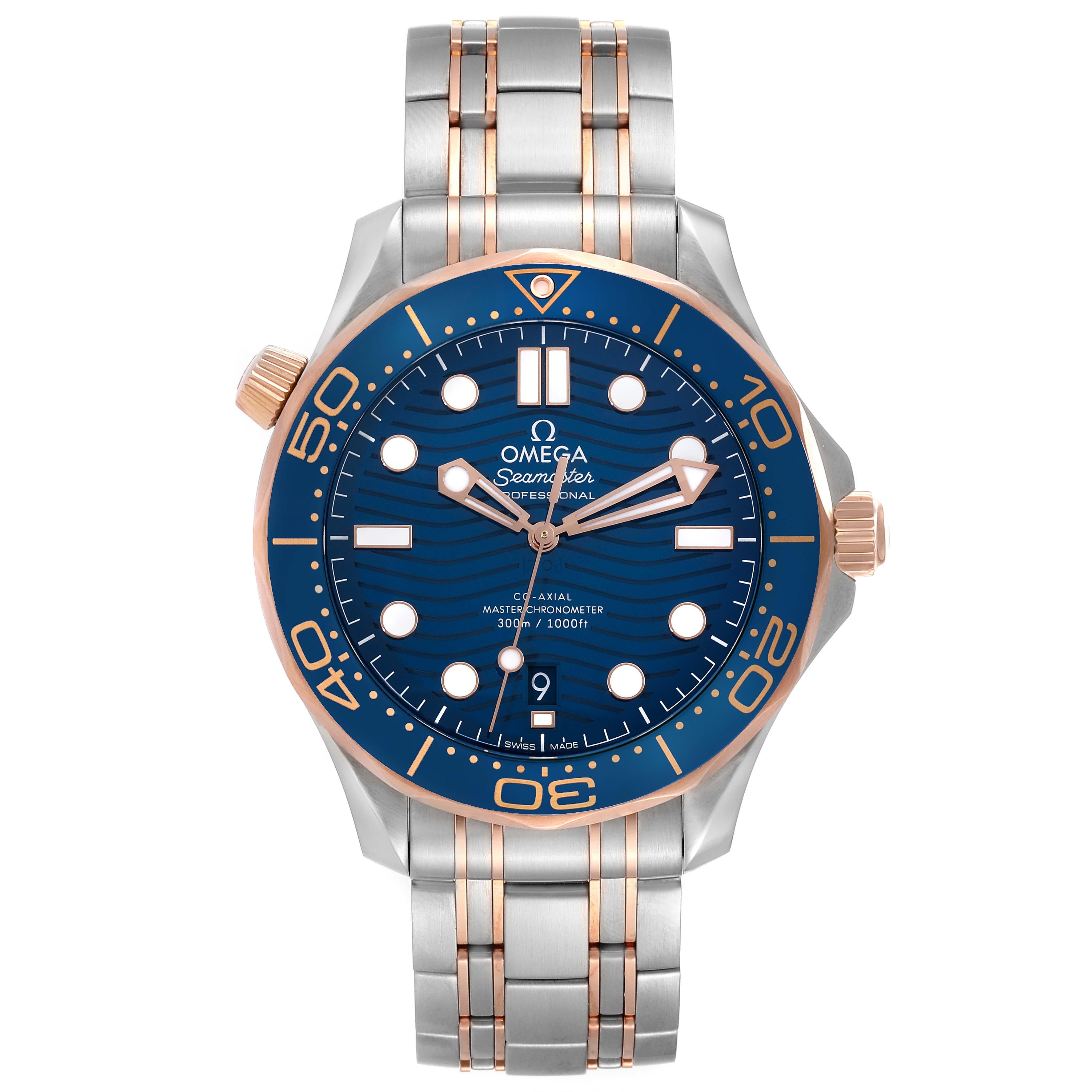 Omega Seamaster Diver Stahl Rose Gold Herrenuhr 210.20.42.20.03.002 Box-Karte. Automatisches Chronographenwerk mit Automatikaufzug, Säulenrad und Co-Axial-Hemmung. Zertifizierter Meisterchronometer, METAS-geprüft, resistent gegen Magnetfelder bis