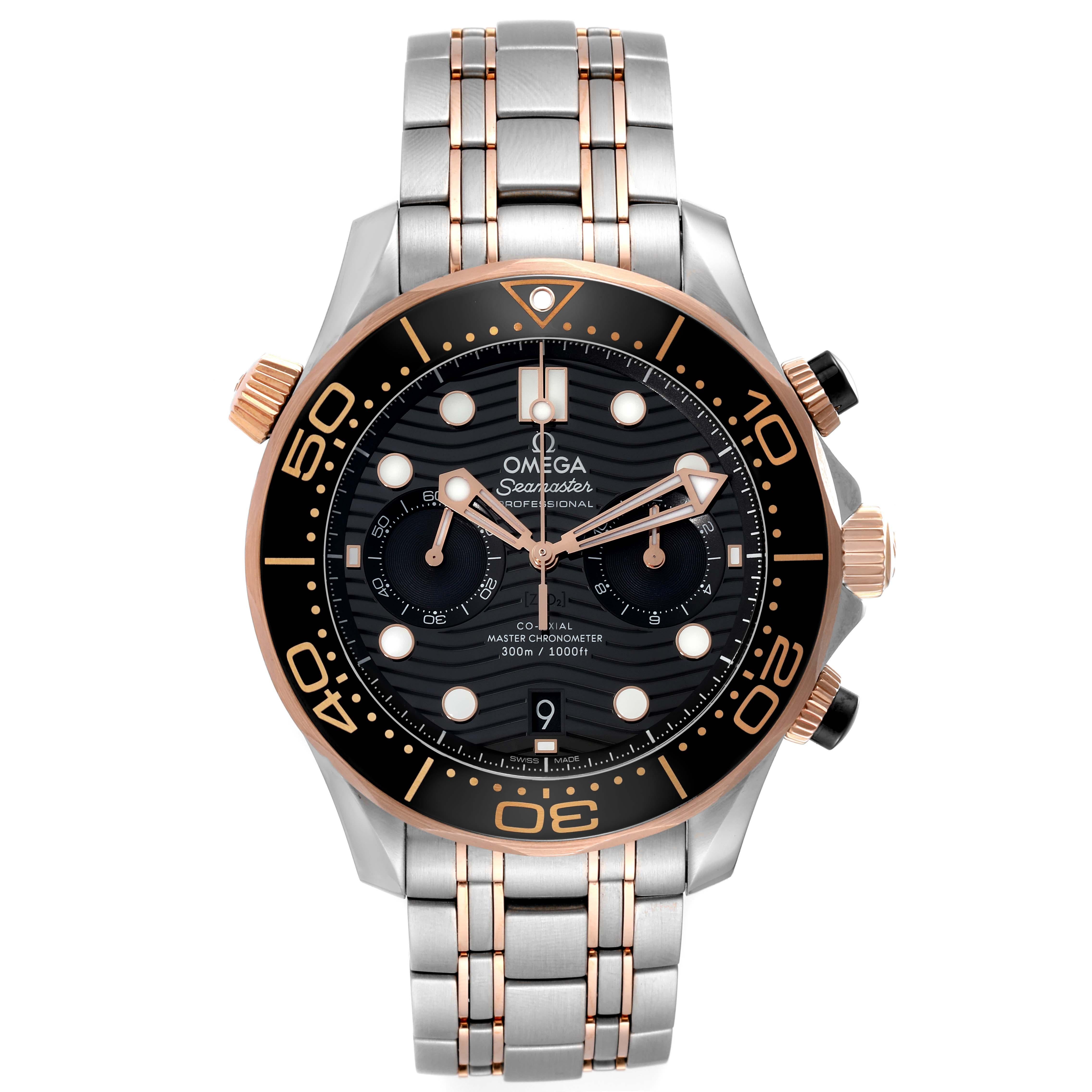 Omega Seamaster Diver Steel Rose Gold Mens Watch 210.20.44.51.01.001 Box Card. Automatic Self-winding chronograph movement with column wheel and Co-Axial escapement. Certified Master Chronometer, approved by METAS, resistant to magnetic fields