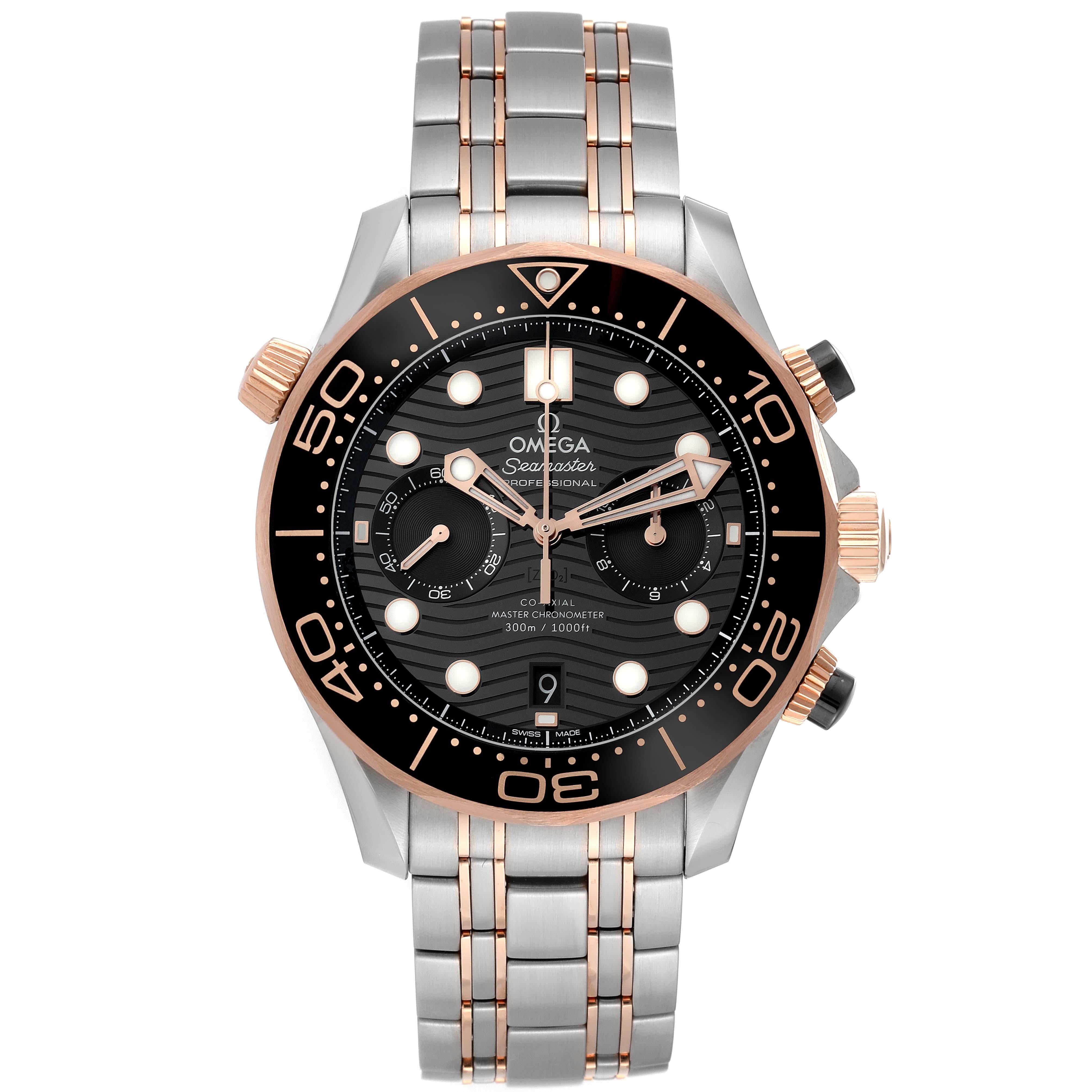 Omega Seamaster Diver Steel Rose Gold Mens Watch 210.20.44.51.01.001 Box Card. Automatic self-winding chronograph movement with column wheel and Co-Axial escapement. Certified Master Chronometer, approved by METAS, resistant to magnetic fields