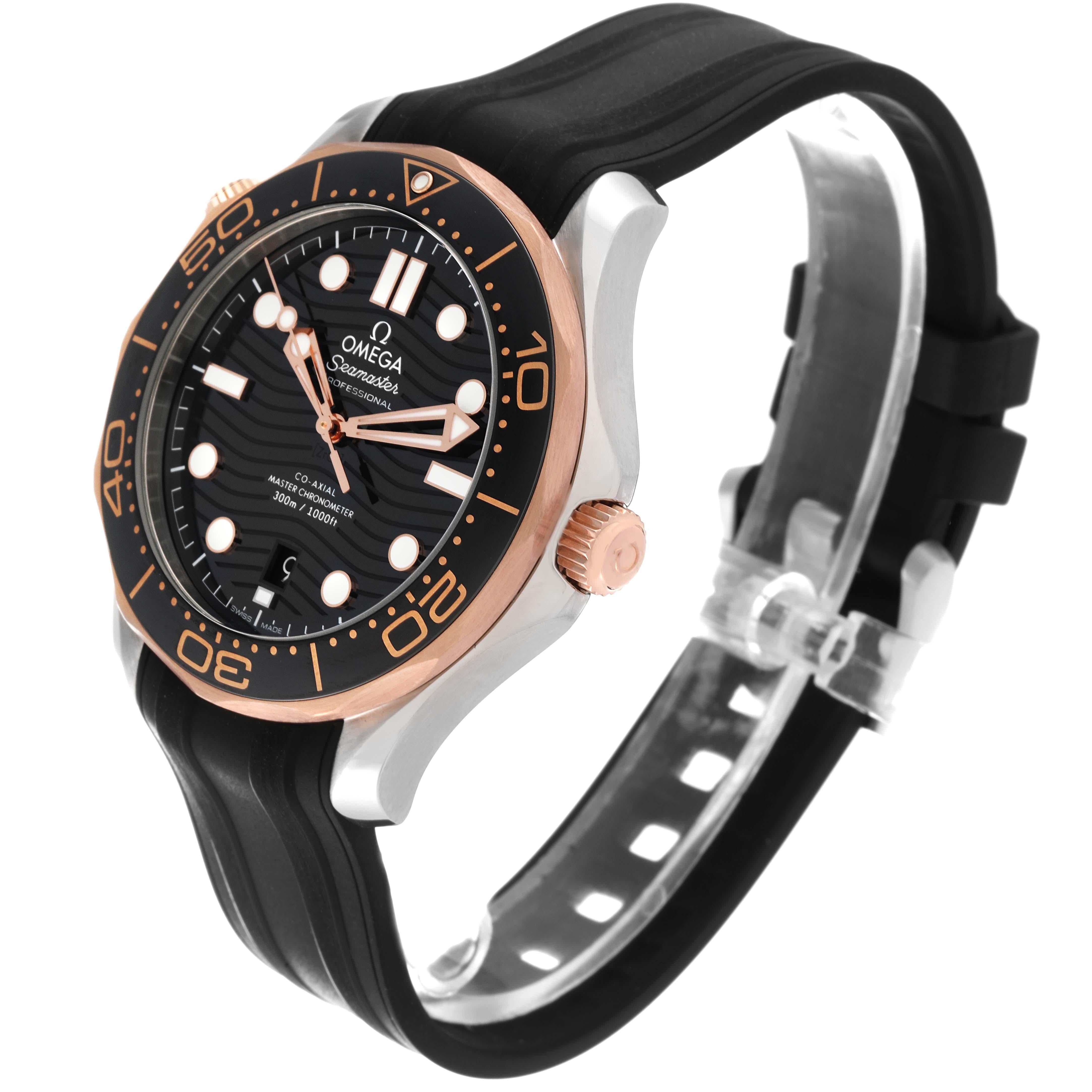 Omega Seamaster Diver Steel Rose Gold Mens Watch 210.22.42.20.01.002 Box Card. Automatic self-winding chronometer, Co-Axial Escapement movement. Certified Master Chronometer, approved by METAS, resistant to magnetic fields reaching 15,000 gauss.