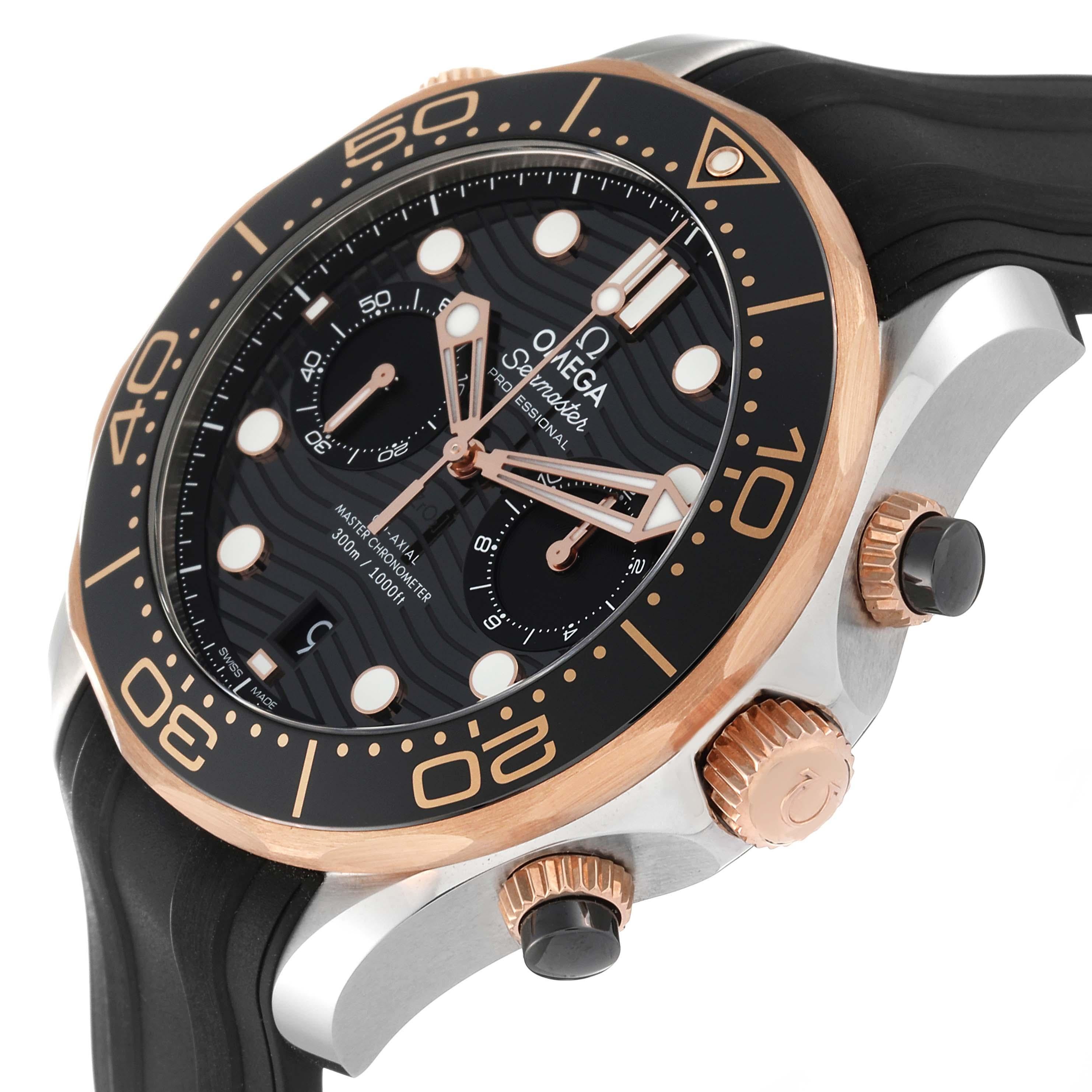 Omega Seamaster Diver Steel Rose Gold Mens Watch 210.22.44.51.01.001 Box Card. Automatic self-winding chronograph movement with column wheel and Co-Axial escapement. Certified Master Chronometer, approved by METAS, resistant to magnetic fields