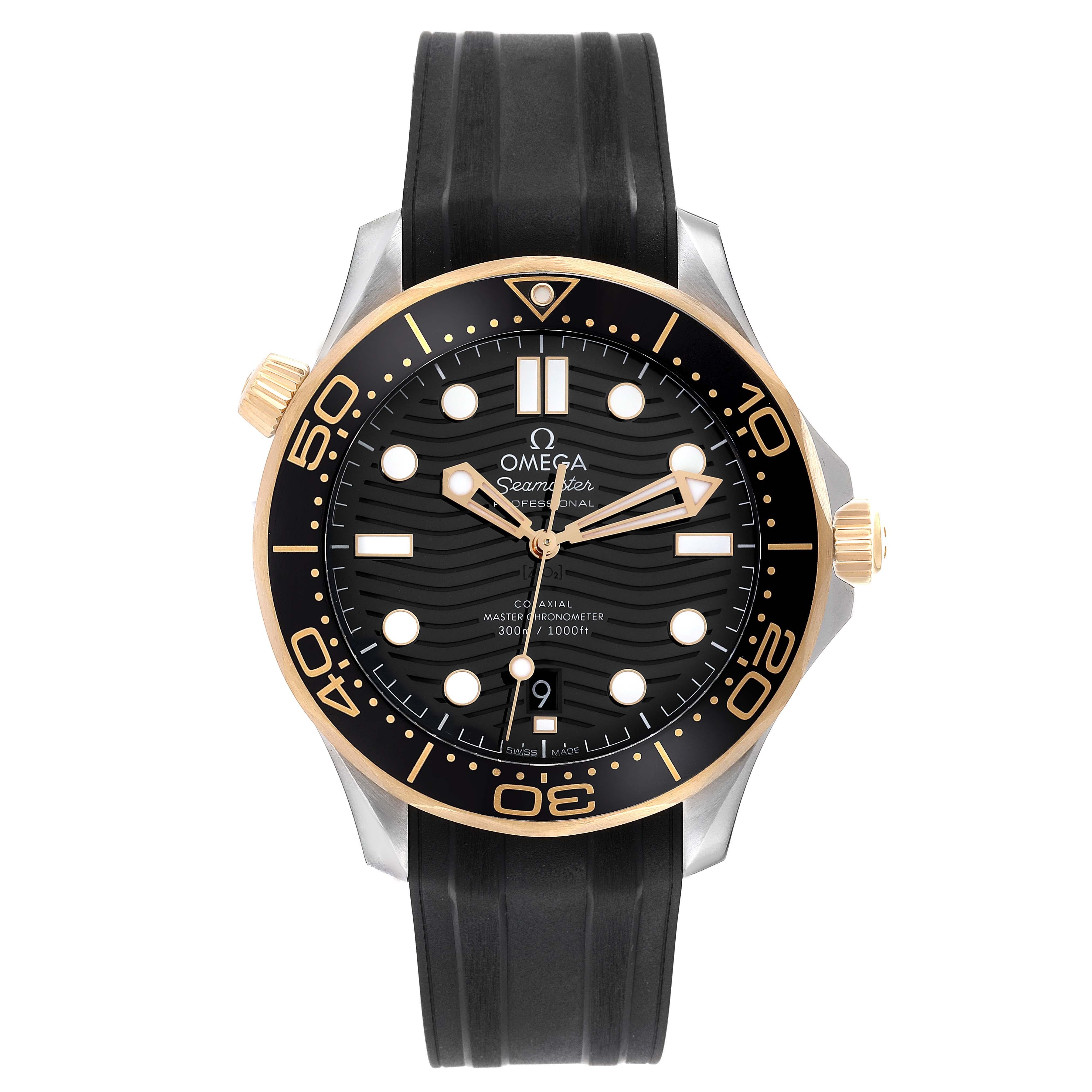 Omega Seamaster Diver Steel Yellow Gold Mens Watch 210.22.42.20.01.001 Card. Automatic self-winding chronometer, Co-Axial Escapement movement. Certified Master Chronometer, approved by METAS, resistant to magnetic fields reaching 15,000 gauss. Free