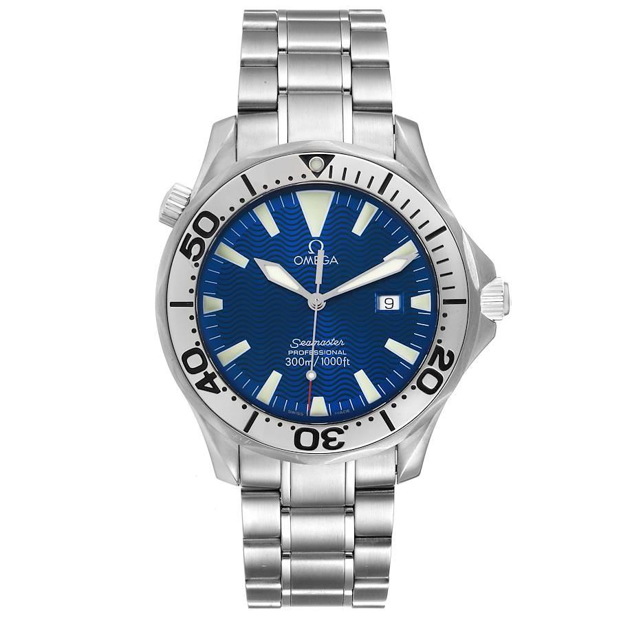 Omega Seamaster Electric Blue Wave Dial Mens Watch 2265.80.00 Box Card. Quartz precision movement with rhodium-plated finish.  Caliber 1538. Stainless steel case 41.0 mm in diameter.  Omega logo on a crown. Stainless steel unidirectional rotating