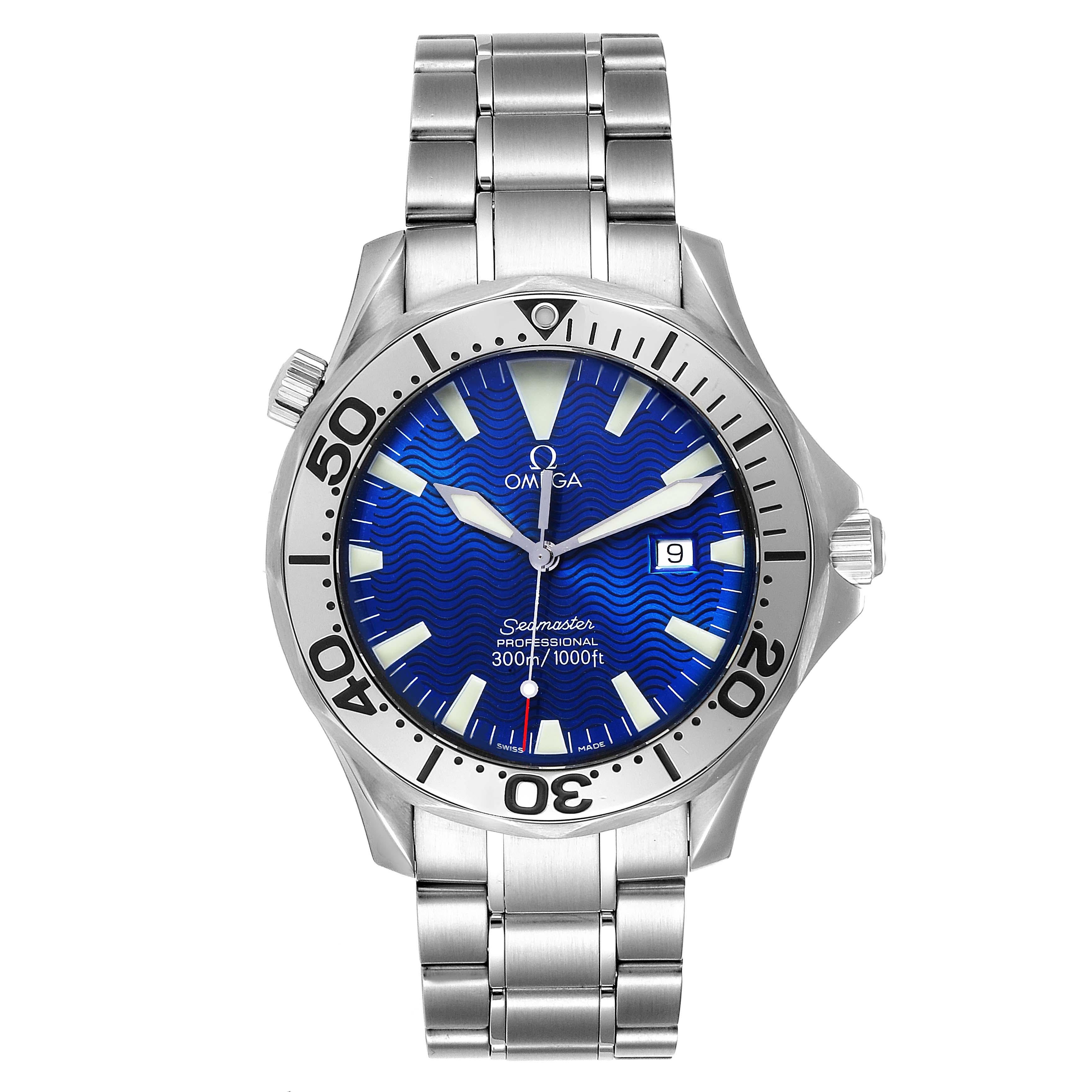 Omega Seamaster Electric Blue Wave Dial Mens Watch 2265.80.00. Quartz precision movement with rhodium-plated finish. Caliber 1538. Stainless steel case 41.0 mm in diameter. Omega logo on a crown. Stainless steel unidirectional rotating bezel.