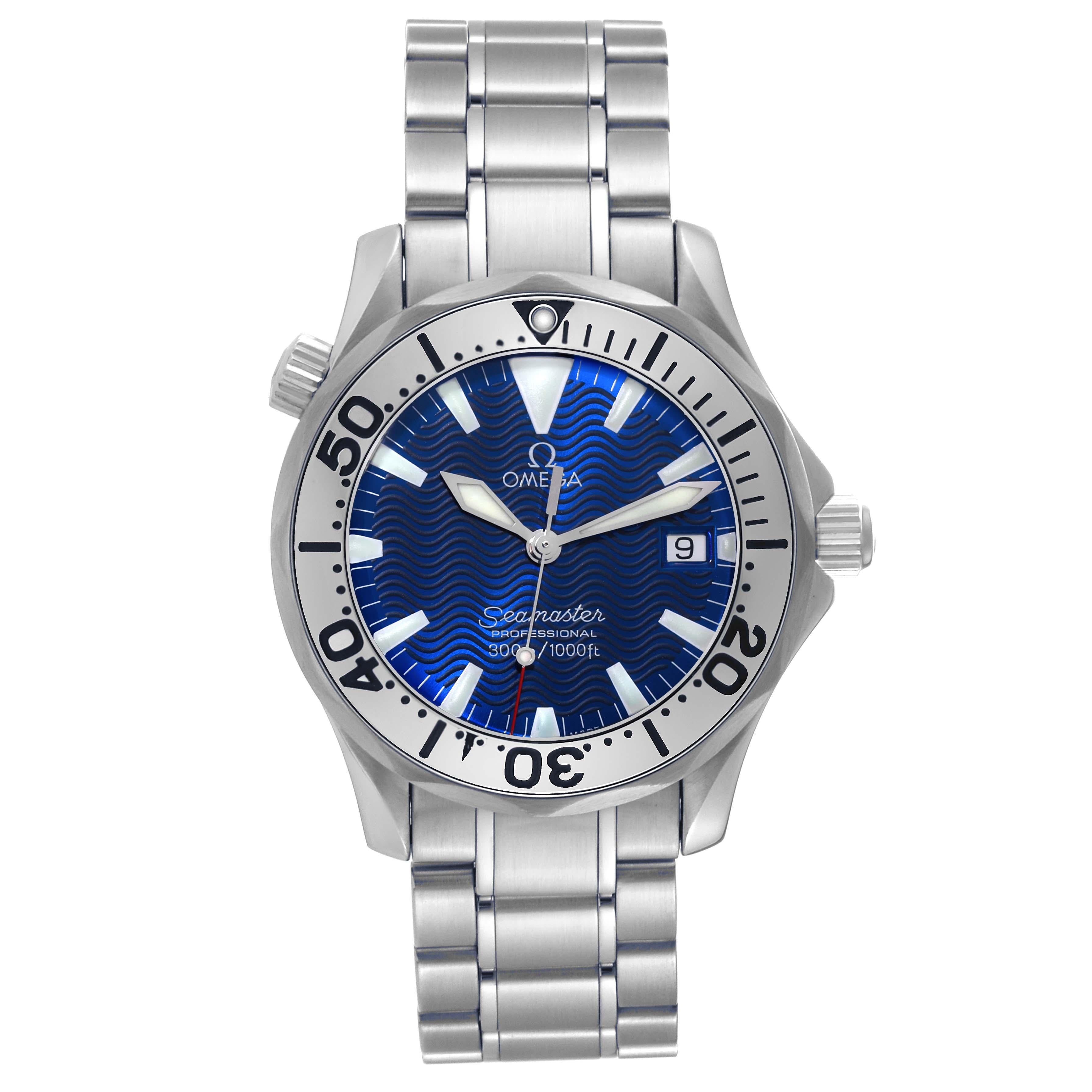 Omega Seamaster Electric Blue Wave Dial Midsize Steel Mens Watch 2263.80.00. Quartz precision movement. Stainless steel case 36.2 mm in diameter.  Omega logo on the crown. Polished stainless steel unidirectional rotating bezel. Scratch resistant