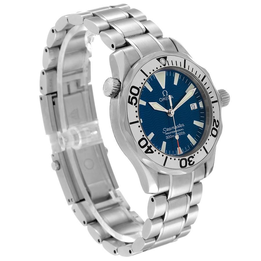 Omega Seamaster Electric Blue Wave Dial Midsize Watch 2263.80.00. Quartz precision movement. Stainless steel case 36.2 mm in diameter. Omega logo on a crown. Stainless steel unidirectional rotating bezel. Scratch resistant sapphire crystal. Electric