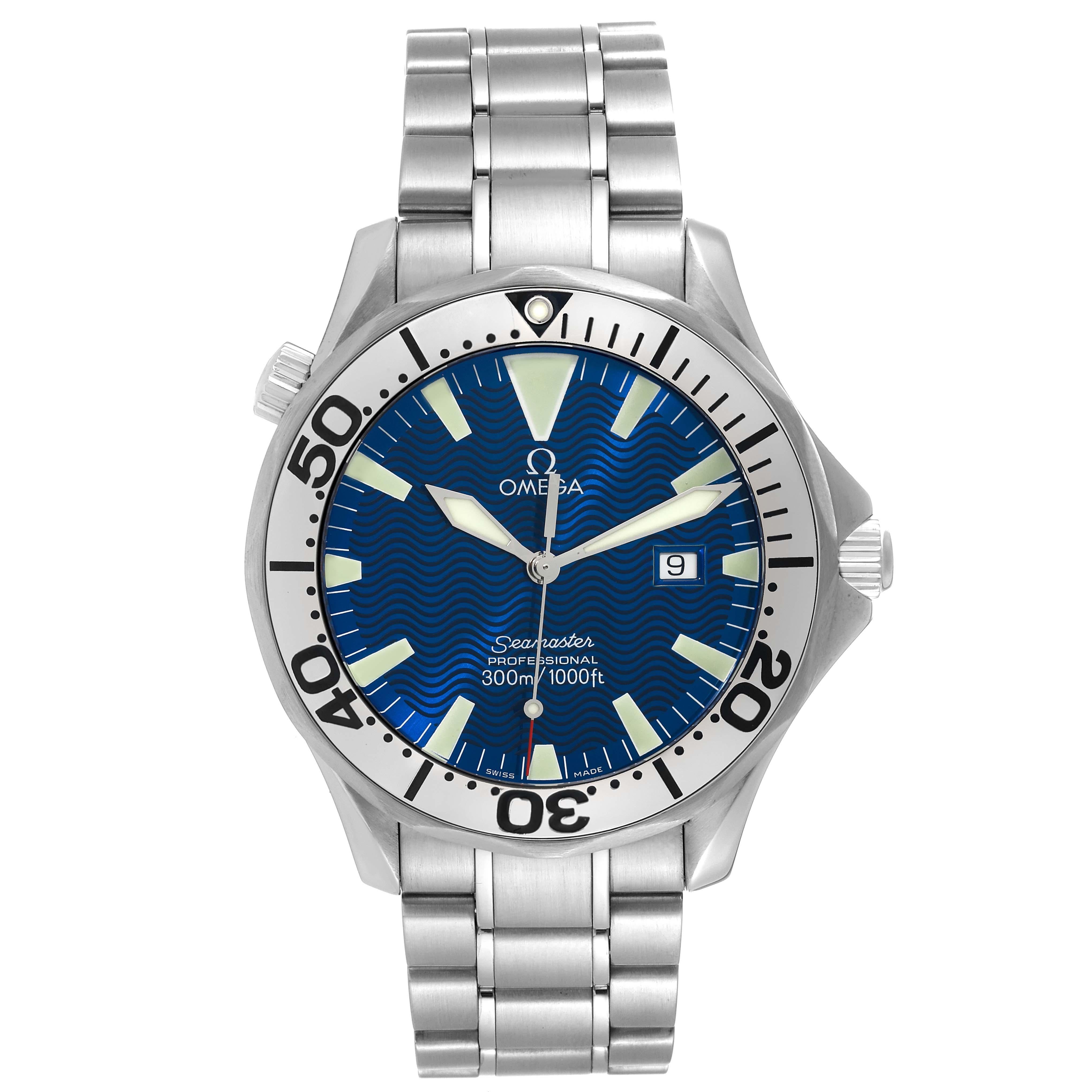 Omega Seamaster Electric Blue Wave Dial Steel Mens Watch 2265.80.00. Quartz precision movement with rhodium-plated finish.  Caliber 1538. Stainless steel case 41.0 mm in diameter.  Omega logo on the crown. Polished stainless steel unidirectional