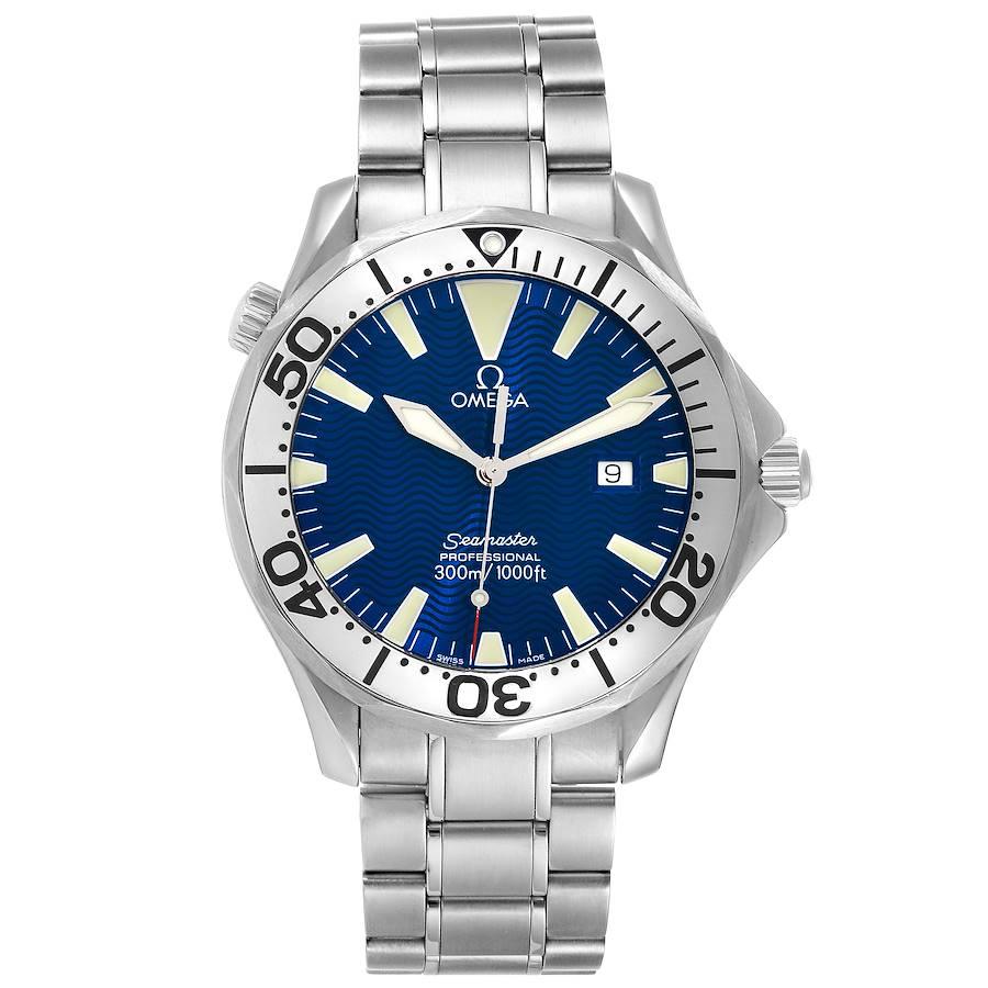 Omega Seamaster Electric Blue Wave Dial Steel Mens Watch 2265.80.00. Quartz precision movement with rhodium-plated finish.  Caliber 1538. Stainless steel case 41.0 mm in diameter.  Omega logo on the crown. Polished stainless steel unidirectional