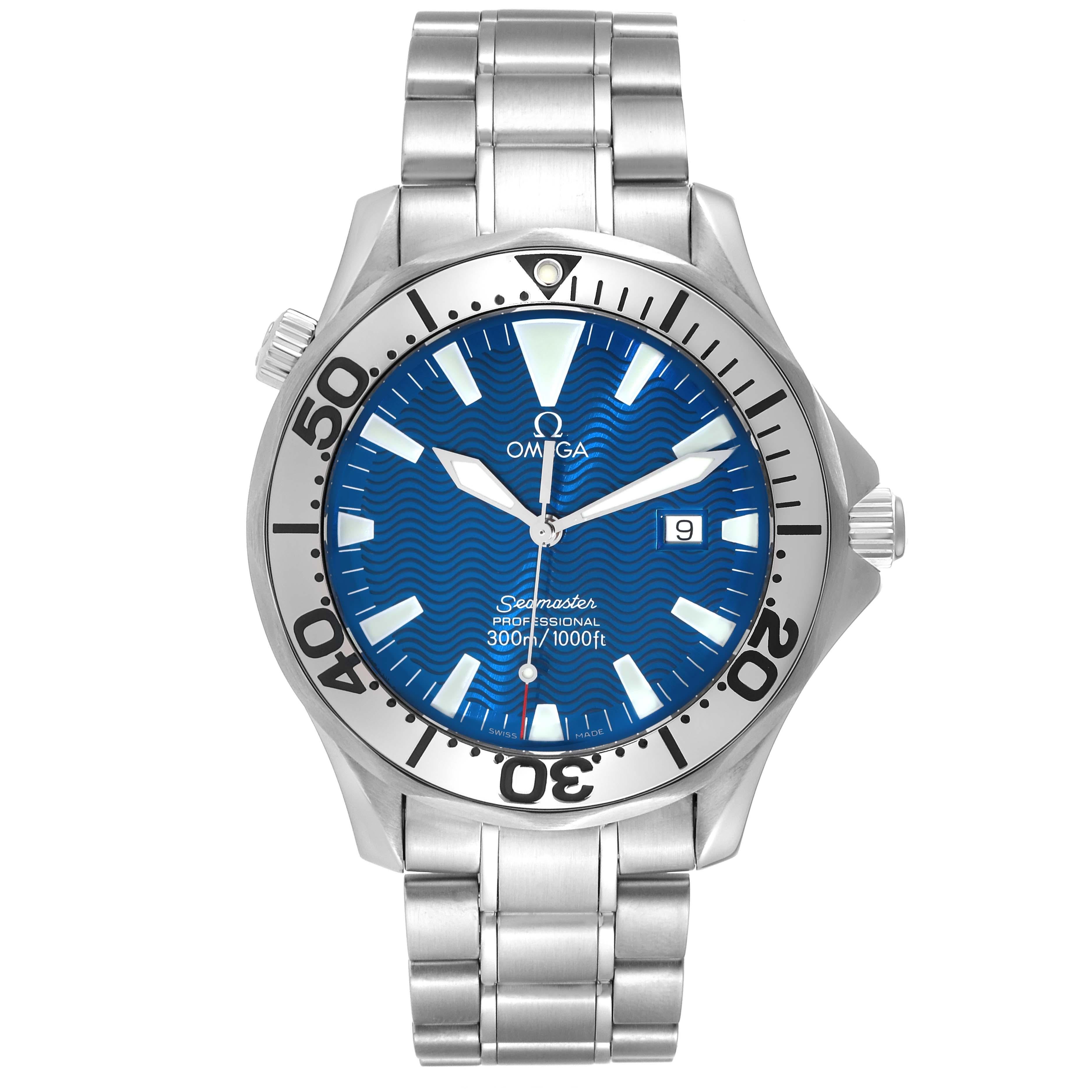 Omega Seamaster Electric Blue Wave Dial Steel Mens Watch 2265.80.00. Quartz precision movement with rhodium-plated finish. Caliber 1538. Stainless steel case 41.0 mm in diameter.  Omega logo on the crown. Polished stainless steel unidirectional