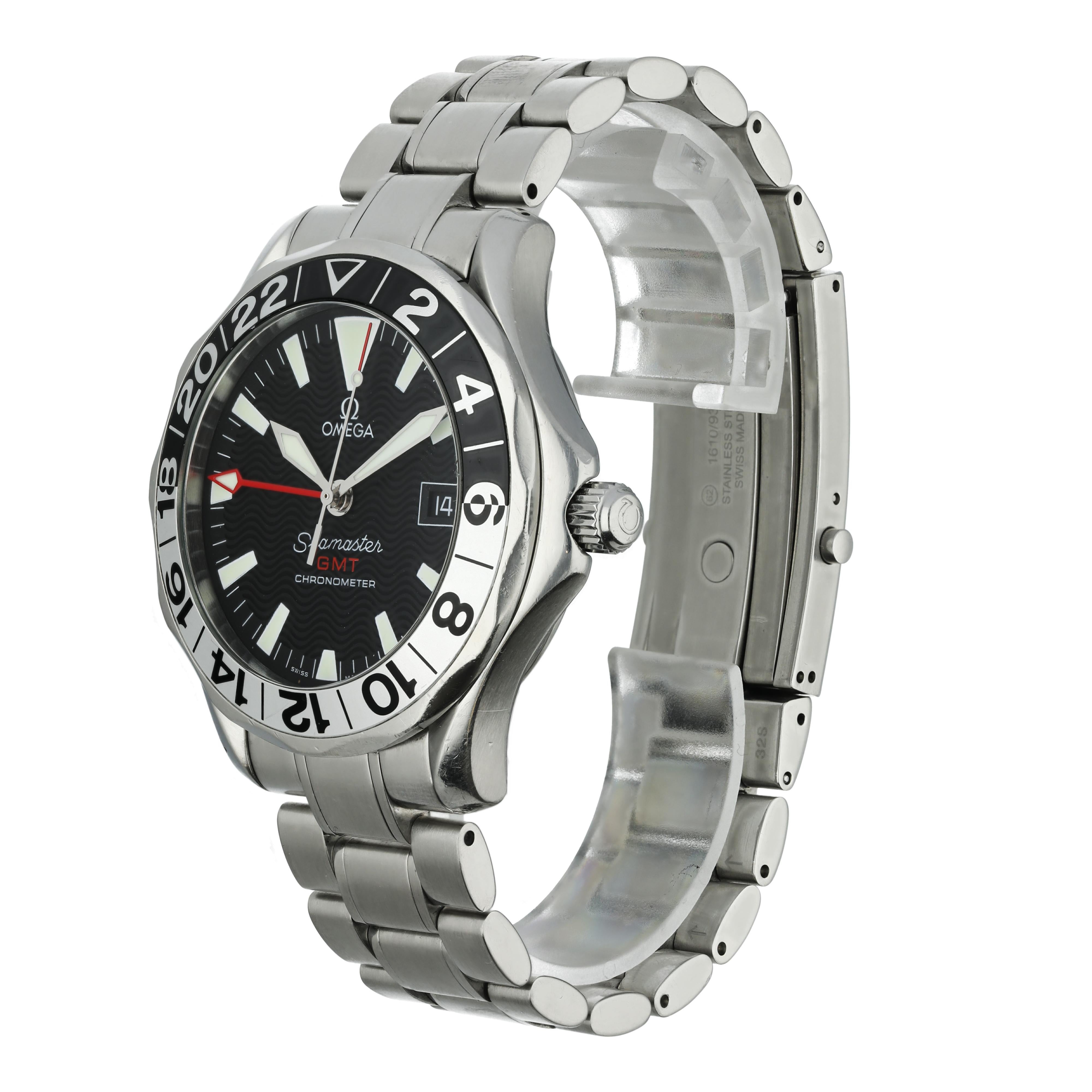 Omega Seamaster GMT 2534.50.00 50th Anniversary Edition Men's Watch.
41mm Stainless Steel case. 
Stainless Steel Stationary bezel. 
Black dial with Luminous Steel hands and index hour markers. 
Minute markers on the outer dial. 
Date display at the