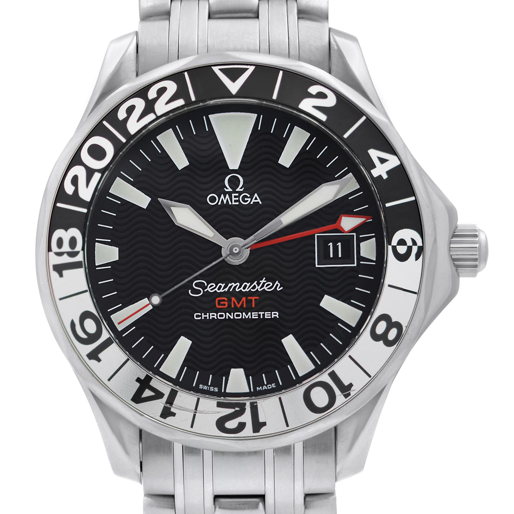 Pre-owned Omega Seamaster Professional GMT Edelstahl schwarzes Zifferblatt Herrenuhr.schwere und einige kleinere Kratzer auf der Lünette wie auf dem Bild sichtbar. Die Seriennummer ist abgeschliffen. Keine Original-Box und Papiere sind im