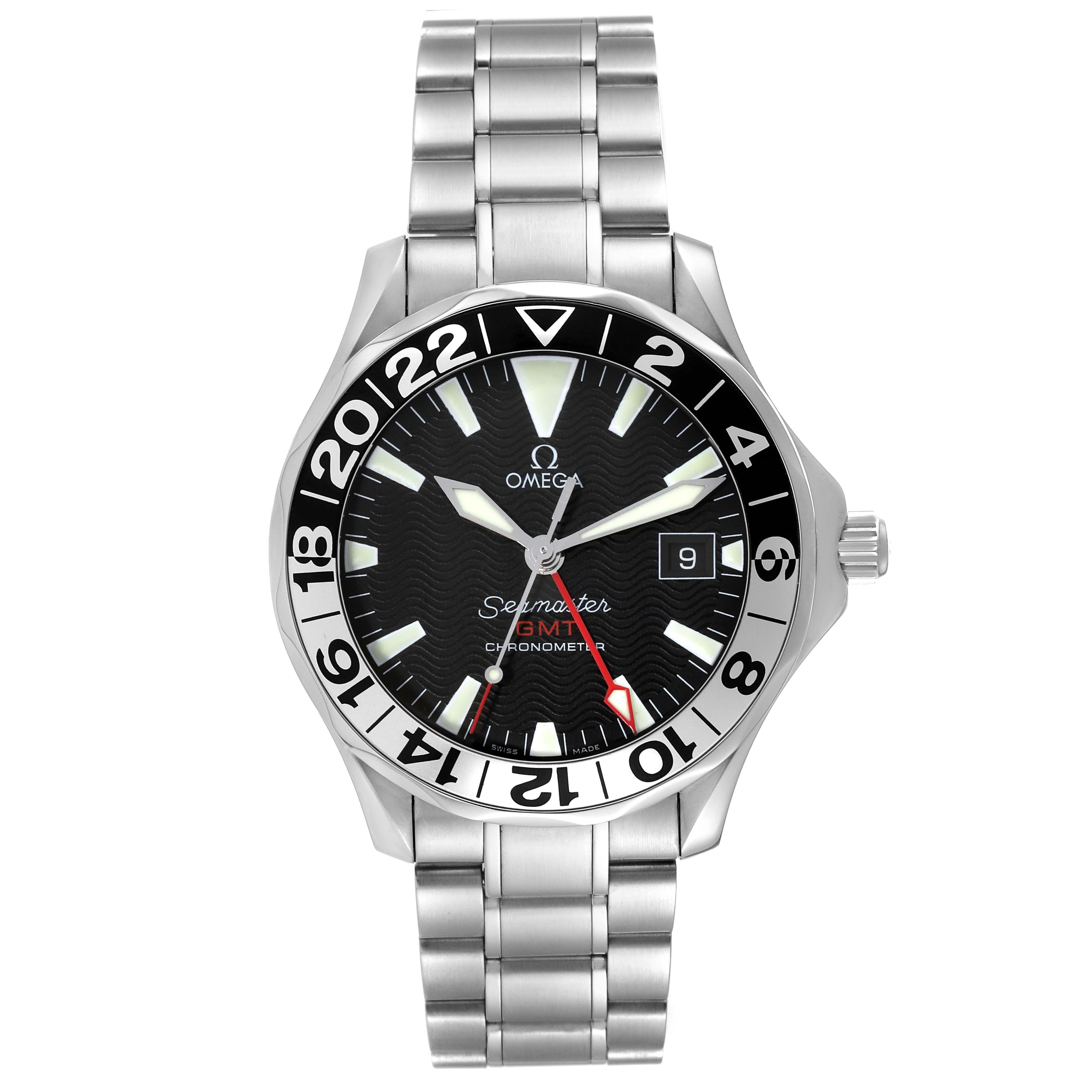 Omega Seamaster GMT 50th Anniversary Steel Mens Watch 2234.50.00 Box Card. Officially certified chronometer automatic self-winding GMT movement. Brushed and polished stainless steel case 41.0 mm in diameter. Omega logo on the crown. Black and silver