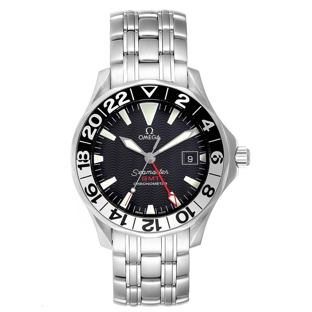 Omega Seamaster GMT 50th Anniversary Steel Mens Watch 2234.50.00 Card. Officially certified chronometer automatic self-winding movement. Stainless steel case 41.0 mm in diameter.Omega logo on a crown. 24 hours bi-directional rotating bezel. Scratch