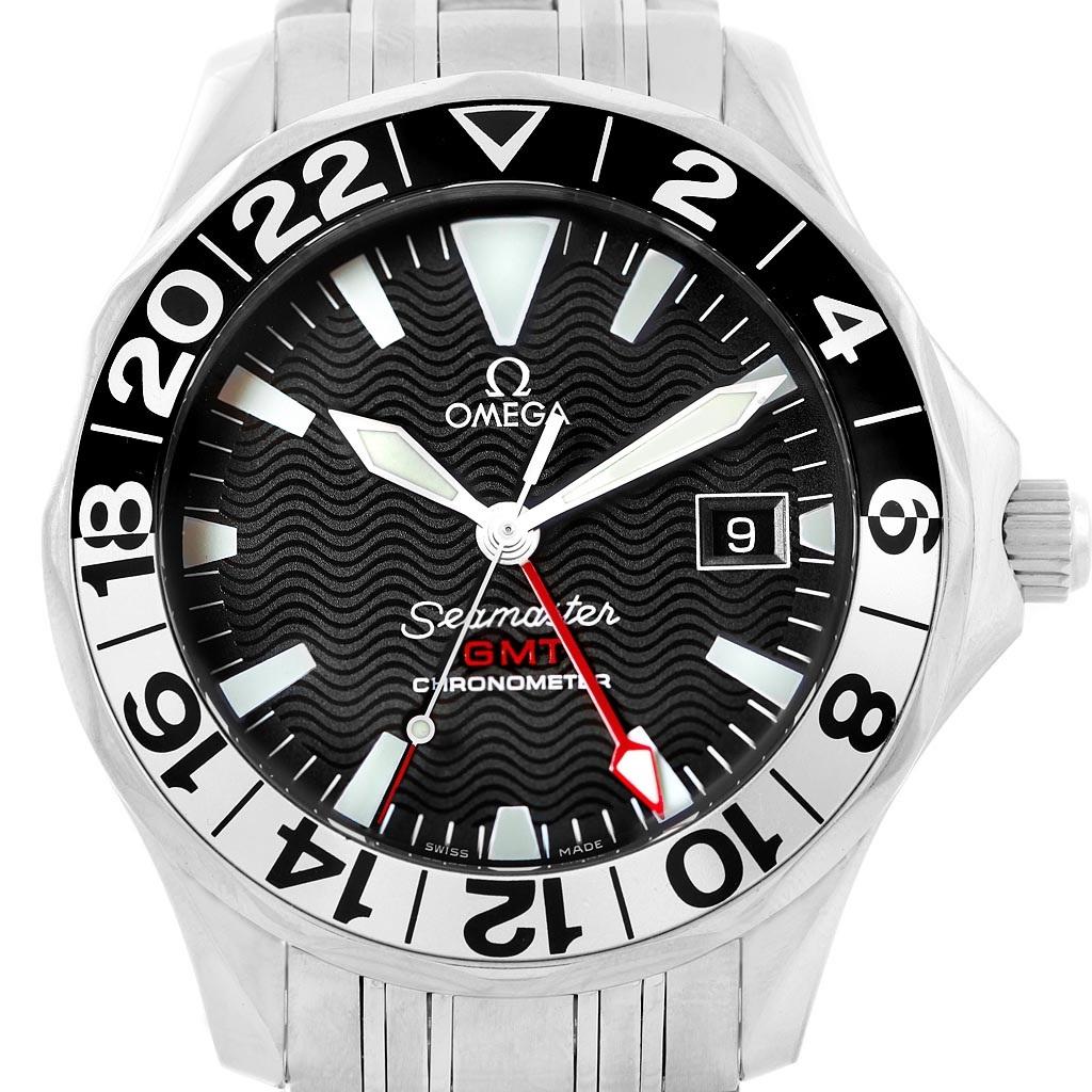 Omega Seamaster GMT 50th Anniversary Steel Mens Watch 2234.50.00. Officially certified chronometer automatic self-winding movement. Brushed and polished stainless steel case 41.0 mm in diameter.Omega logo on a crown. 24 hours bi-directional rotating
