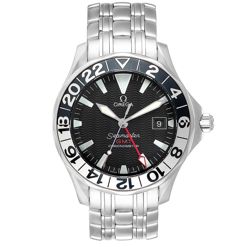 Omega Seamaster GMT 50th Anniversary Steel Mens Watch 2234.50.00. Officially certified chronometer automatic self-winding movement. Brushed and polished stainless steel case 41.0 mm in diameter.Omega logo on a crown. 24 hours bi-directional