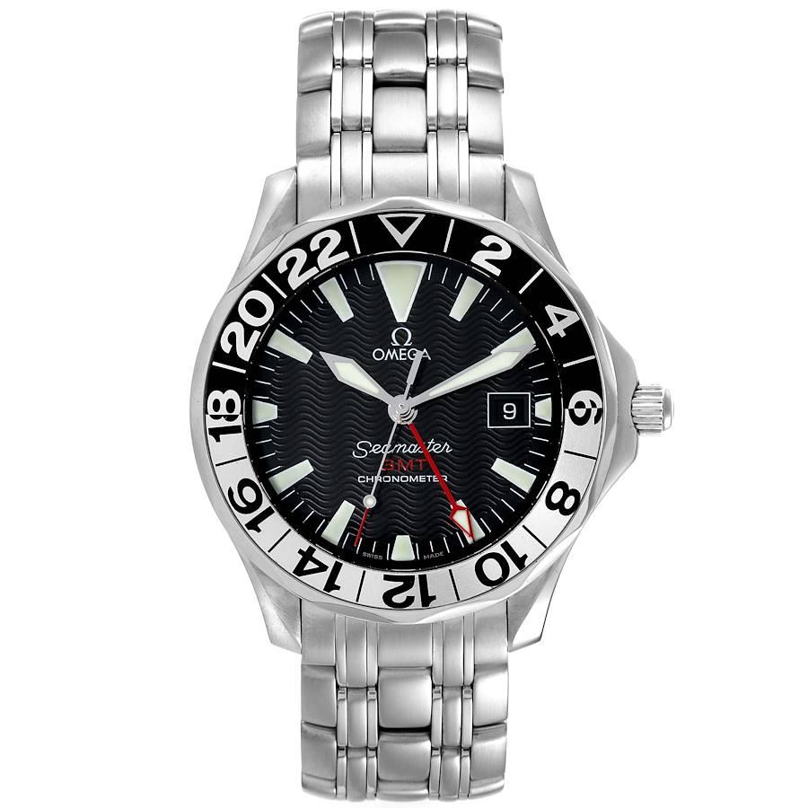 Omega Seamaster GMT 50th Anniversary Steel Mens Watch 2234.50.00. Officially certified chronometer automatic self-winding GMT movement. Brushed and polished stainless steel case 41.0 mm in diameter. Omega logo on the crown. Black and silver