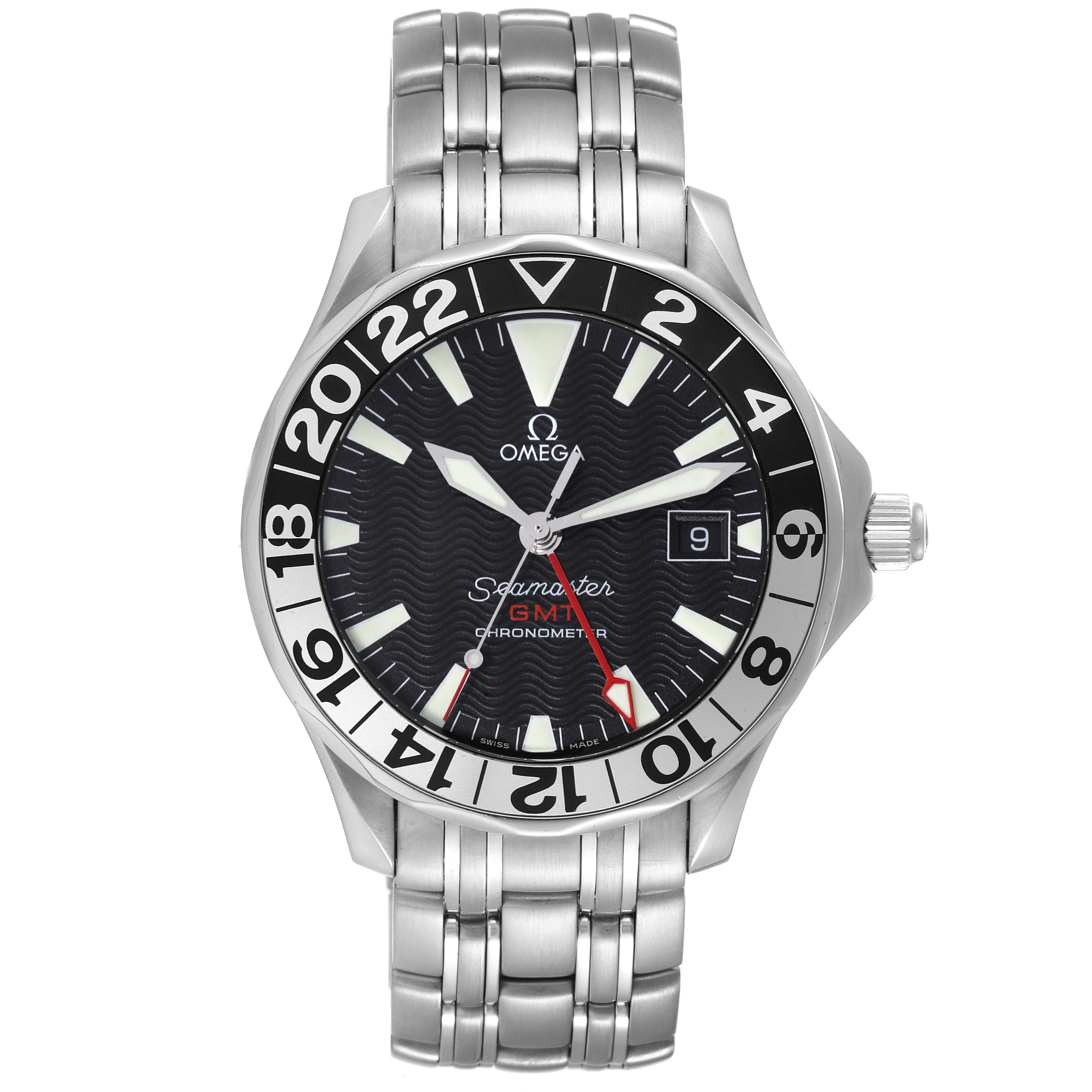 Omega Seamaster GMT 50th Anniversary Steel Mens Watch 2534.50.00 Box Card. Officially certified chronometer automatic self-winding movement. Brushed and polished stainless steel case 41 mm in diameter. Omega logo on the crown. Black and silver 24