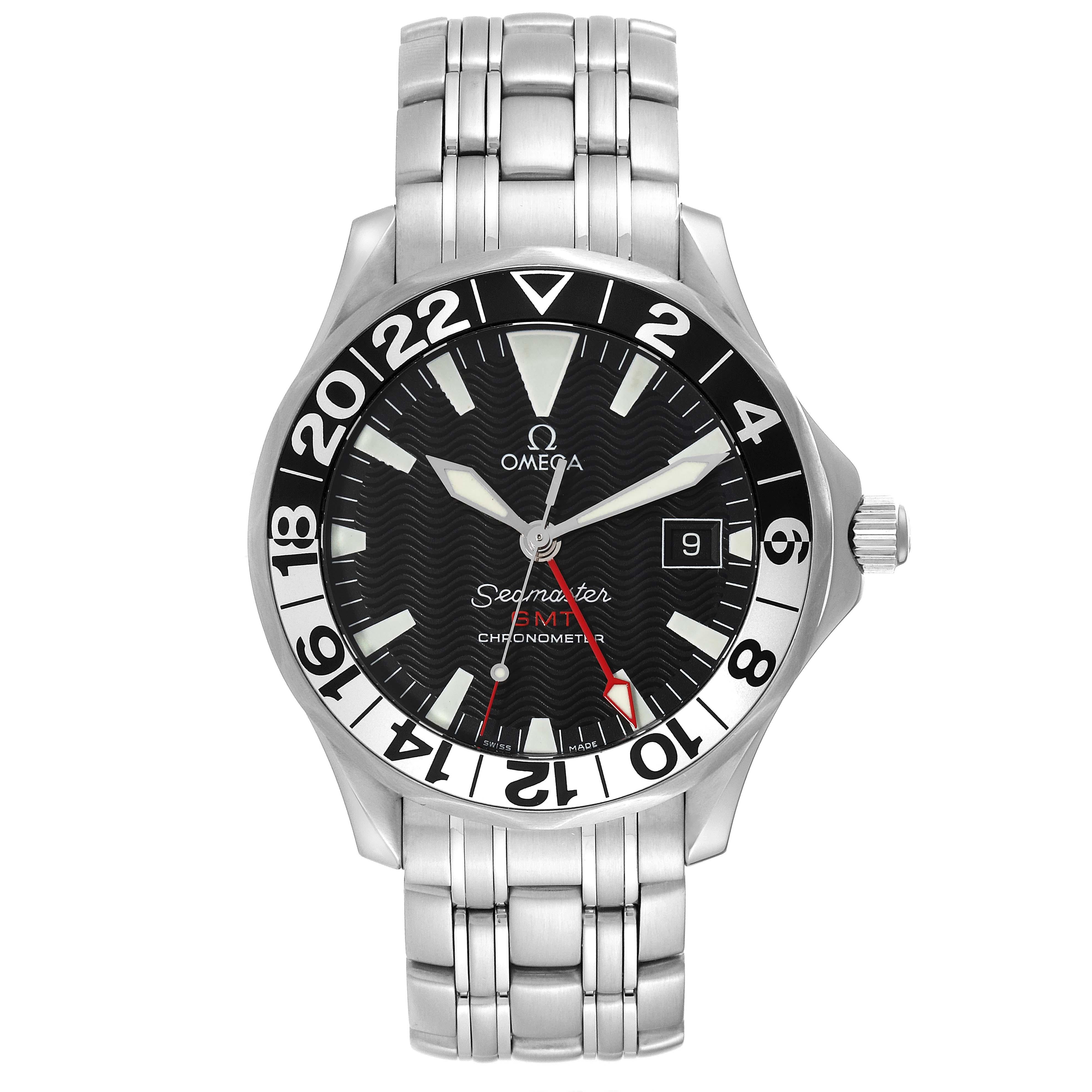 Omega Seamaster GMT 50th Anniversary Steel Mens Watch 2534.50.00 Card. Officially certified chronometer automatic self-winding movement. Brushed and polished stainless steel case 41 mm in diameter. Omega logo on the crown. Black and silver 24 hour