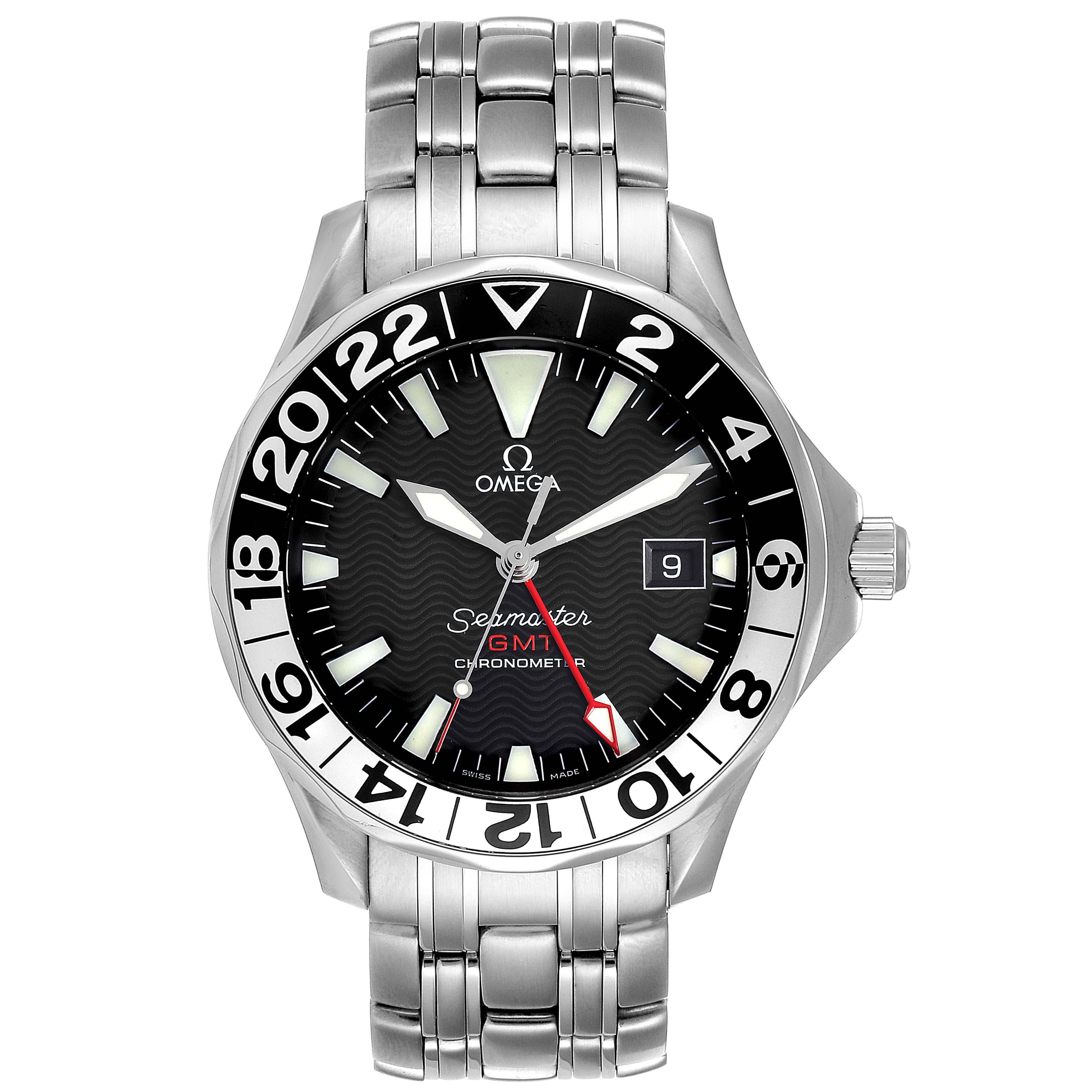 Omega Seamaster GMT 50th Anniversary Steel Mens Watch 2534.50.00. . Brushed and polished stainless steel case 41 mm in diameter. Omega logo on a crown. 24 hours bi-directional rotating bezel. Scratch resistant domed anti-reflective sapphire crystal.
