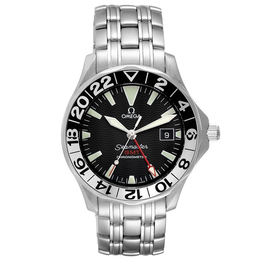 Omega Seamaster GMT 50th Anniversary Steel Herrenuhr 2534.50.00. Offiziell zertifiziertes Chronometerwerk mit automatischem Aufzug. Gehäuse aus gebürstetem und poliertem Edelstahl mit einem Durchmesser von 41 mm. Omega-Logo auf einer Krone. 24